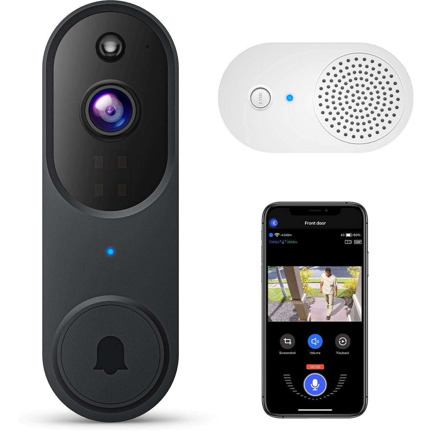 Guggre 1080P Video Doorbell Camera, Smart Human Detection, Cloud Storage, Chime Included, Live View, 2-Way Audio, Ir Night Vision, Battery Powered, Indoor/Outdoor Surveillance