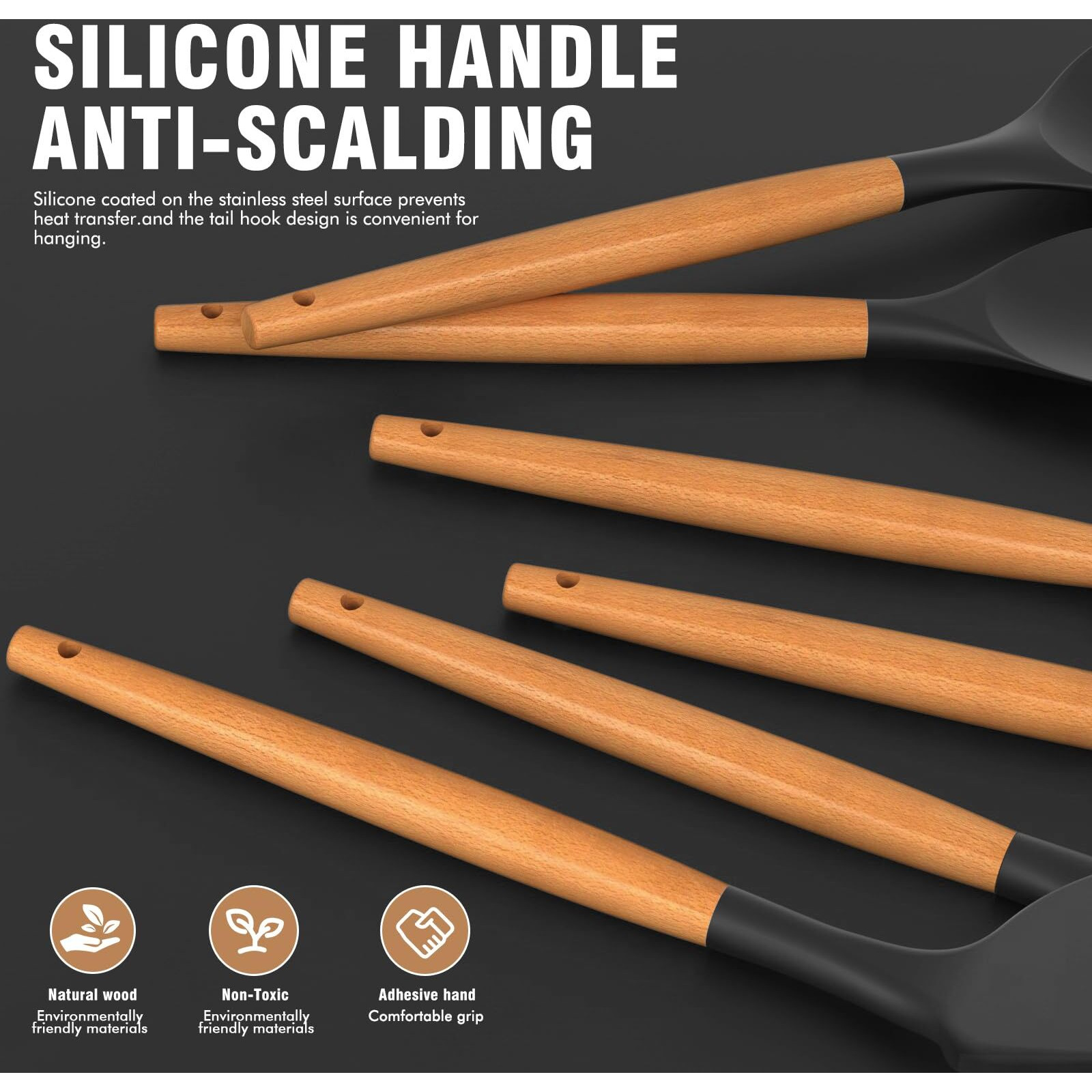 Silicone Cooking Utensils Set - Silicone Kitchen Utensils For Cooking Wooden Handles, 446F Heat Resistant Kitchen Utensil Spatula Sets W Holder, Gadgets For Non-Stick Cookware Bpa Free (Black)