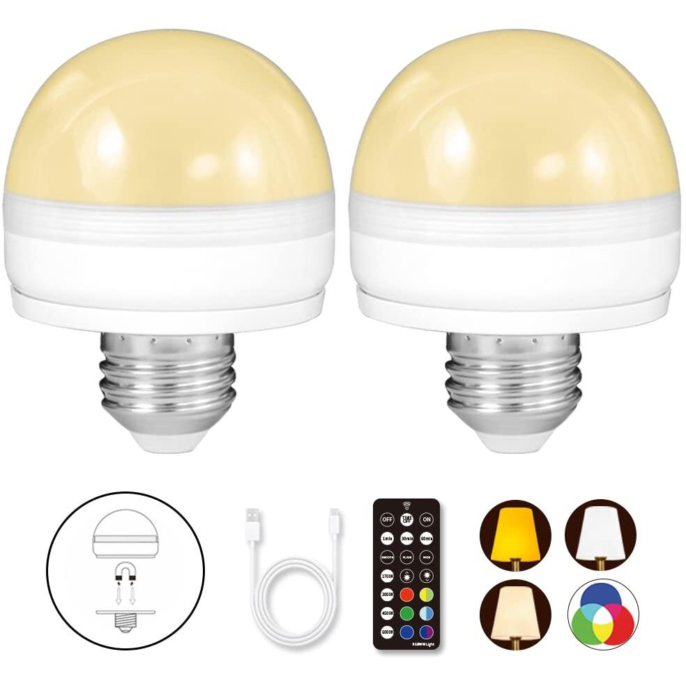 Blueye Rechargeable Battery Operated Light Bulb,2Packs,300Lm,40W Equivalent,E26 Detachable Charging(E12 Available),4 Color Temperature,Remote Control Puck Emergency Lamp,Timer,Dimmer,For Non-Hardwired