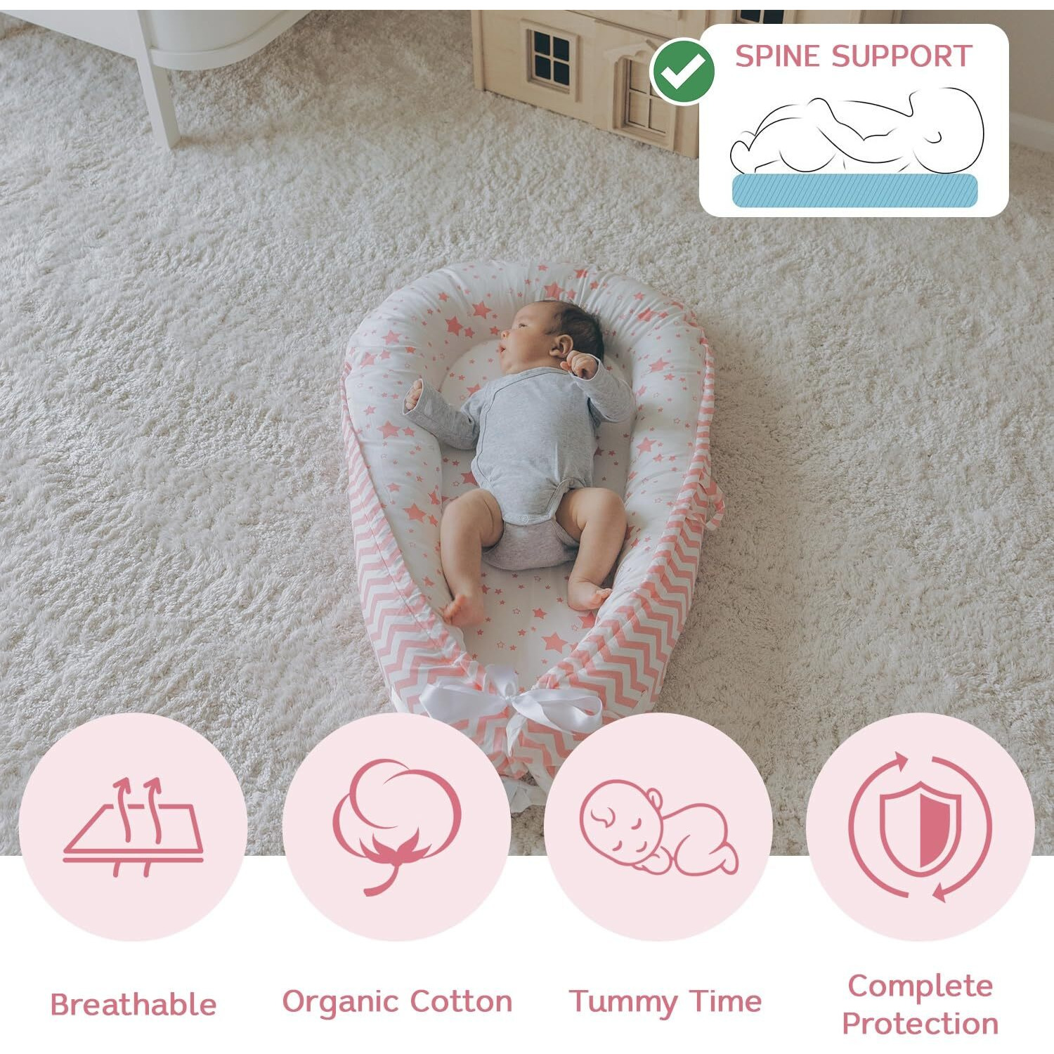 Aila+Aiden Baby Nest, Baby Lounger, Organic Cotton Lounger For Baby, Reversible Breathable Adjustable Portable - Star Collection (Pink)