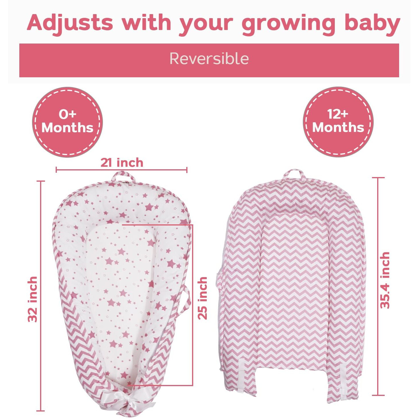 Aila+Aiden Baby Nest, Baby Lounger, Organic Cotton Lounger For Baby, Reversible Breathable Adjustable Portable - Star Collection (Pink)