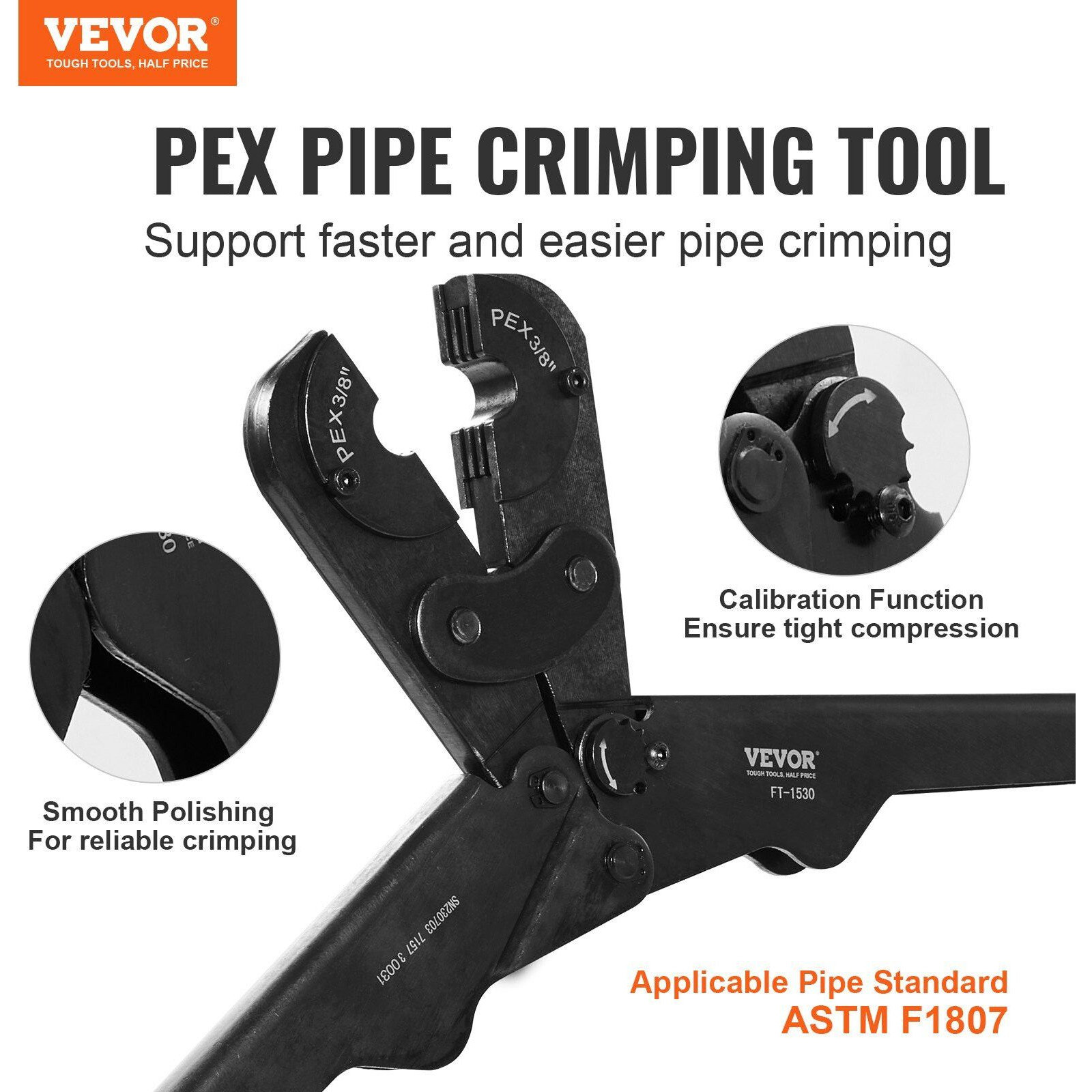 Vevor Pex Pipe Crimping Tool Kit, Pro Press Crimper For 3/8"", 1/2"", 3/4"" Crimp Rings, With 3 Jaw Dies, Pex Tubing Cutter, Go/No-Go Gauge, Copper Ring Removal Tool, Meets Astm F1807 Standards