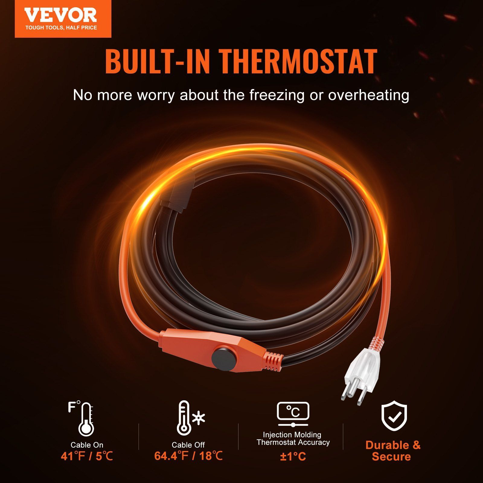 Pipe Heating Cable 3Ft 7W/Ft Heat Tape For Pipes With Built-In Thermostat
