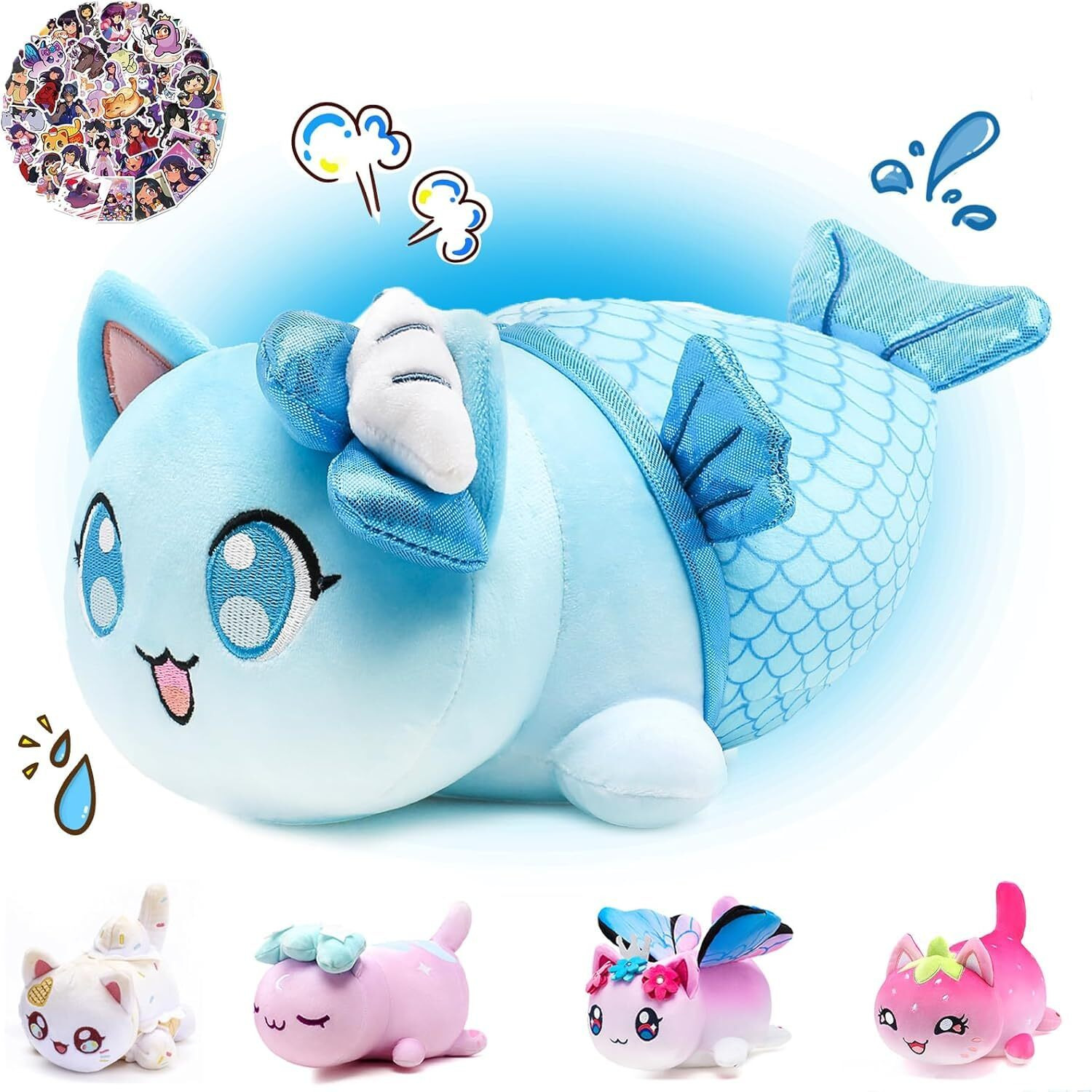 Kowsi 61 Pcs Mermaid Cat Plush + 60 Sticker Cute Kawaii Cat Plush Collection 100% Polyester Plushie Pillow Embroidered Soft Stuffed Animal Collectible (Mermaid Cat)