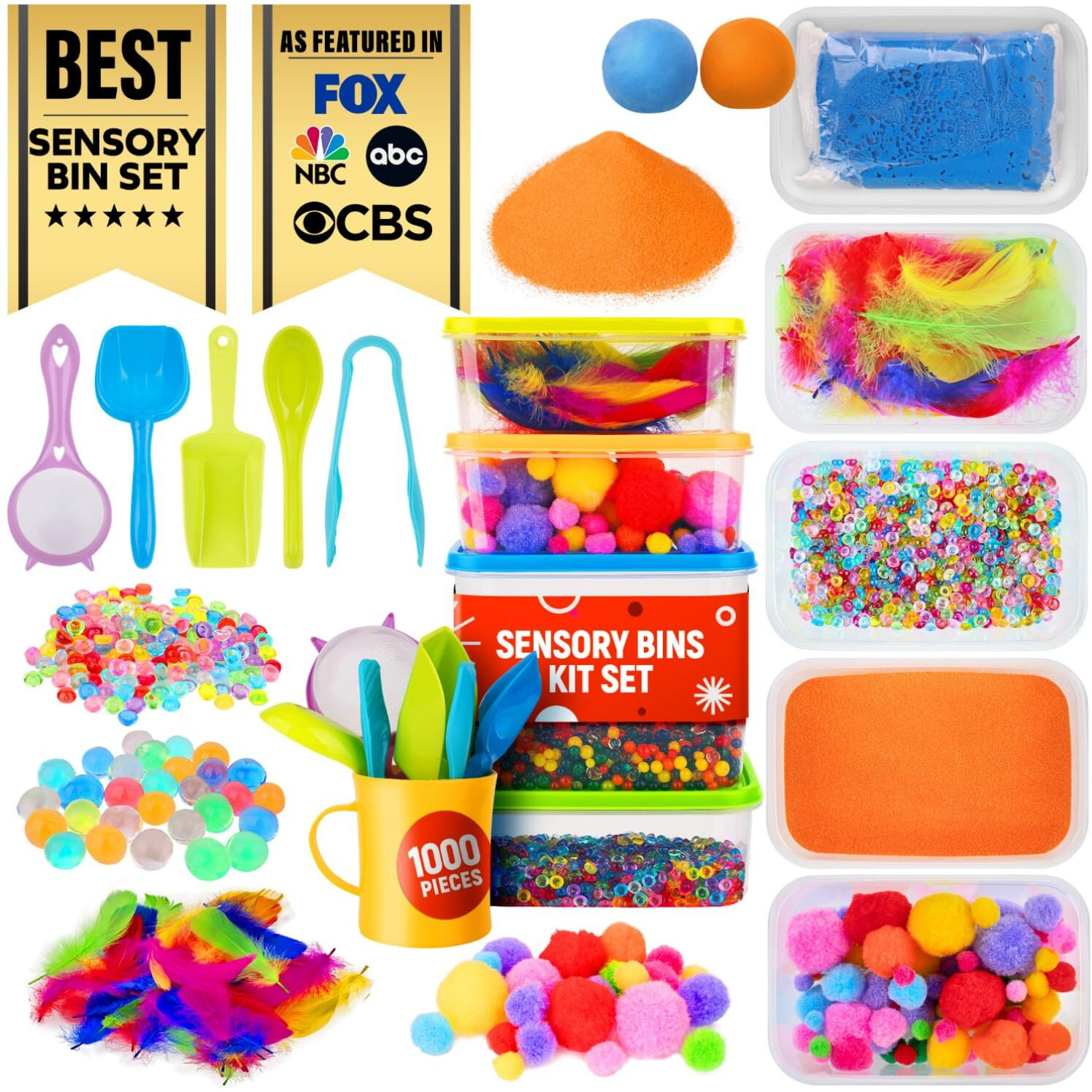 Lolo Toys Sensory Kit For Toddlers And Kids - Includes 5 Bins With Lids, Play Tools, Sand, Feathers, Clay, Color Beads And Pom Poms Kids Box Fillers