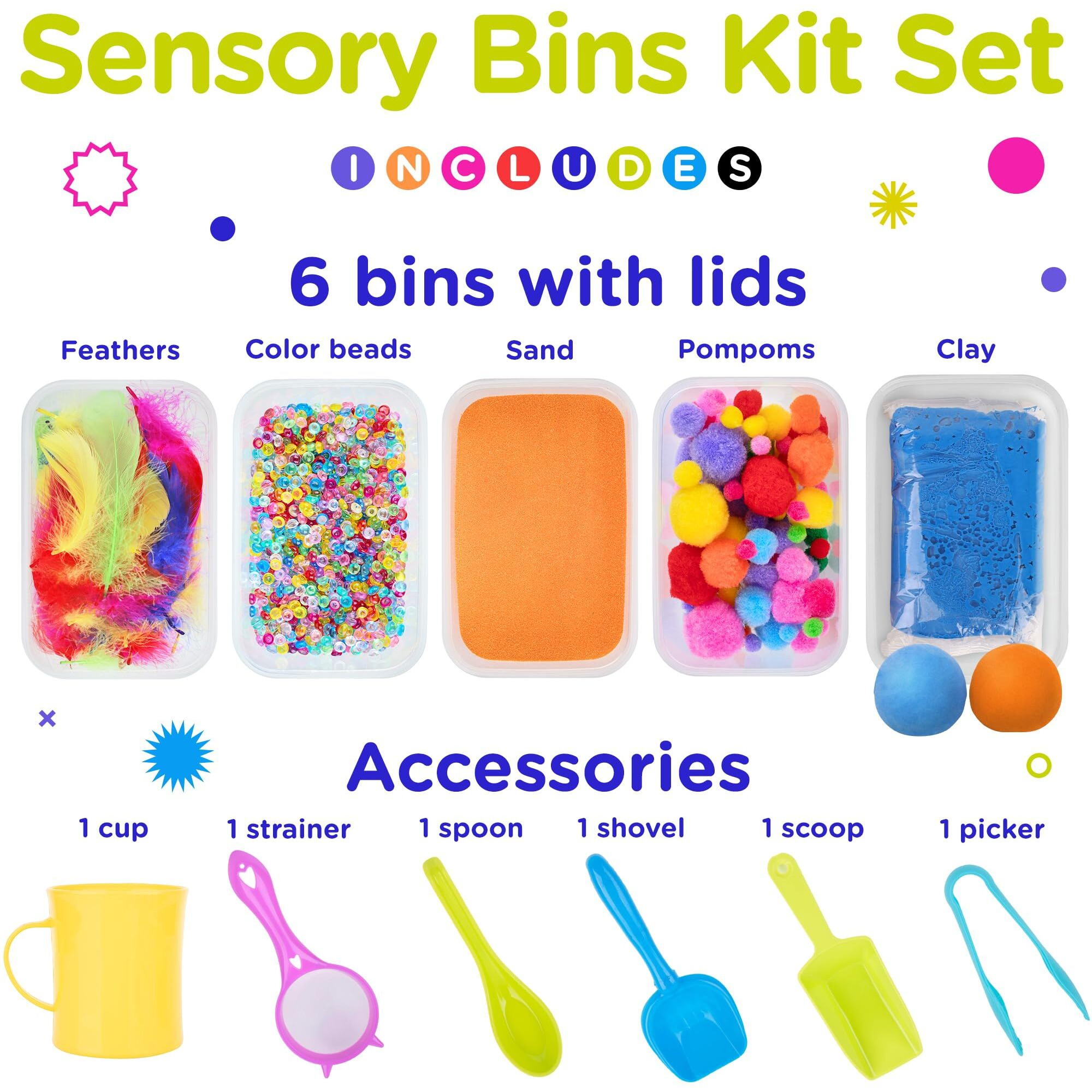 Lolo Toys Sensory Kit For Toddlers And Kids - Includes 5 Bins With Lids, Play Tools, Sand, Feathers, Clay, Color Beads And Pom Poms Kids Box Fillers