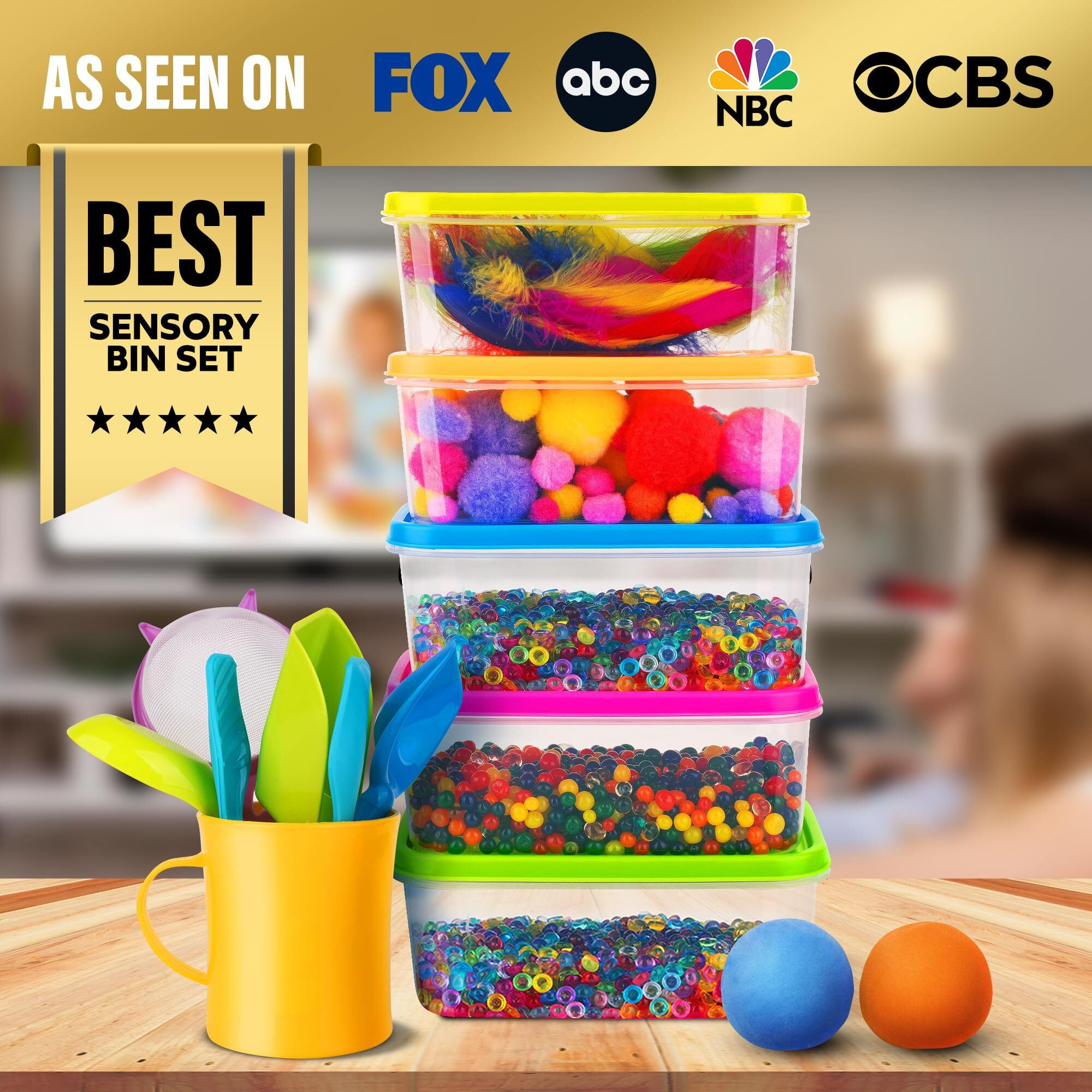 Lolo Toys Sensory Kit For Toddlers And Kids - Includes 5 Bins With Lids, Play Tools, Sand, Feathers, Clay, Color Beads And Pom Poms Kids Box Fillers