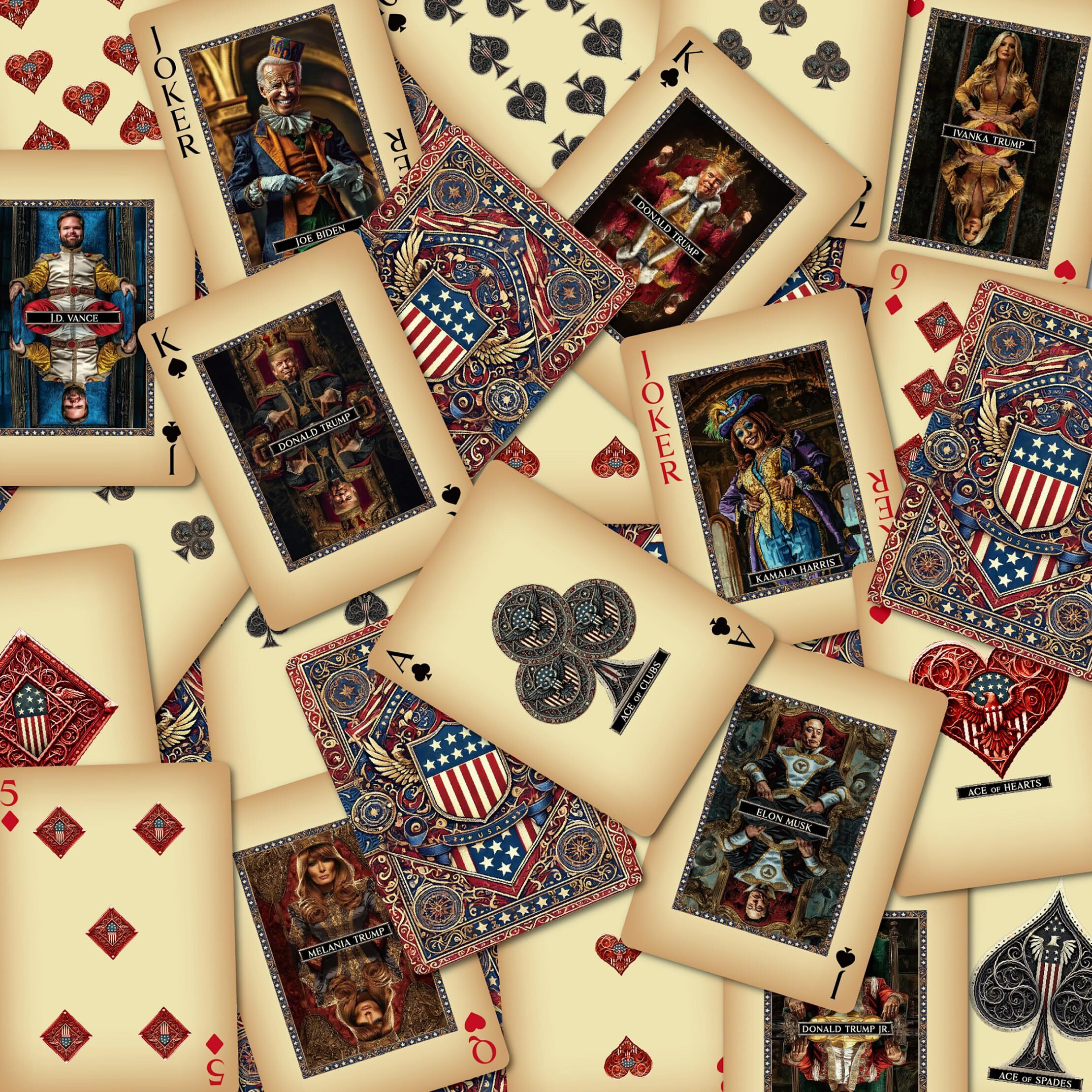 Asvp Shop Trump Playing Cards - Family & Allies - Premium Collectors Deck Featuring Donald Trump, Melania, Ivanka, Elon Musk, J.D. Vance & The Jokers Biden & Kamala Harris - Perfect For Poker Nights