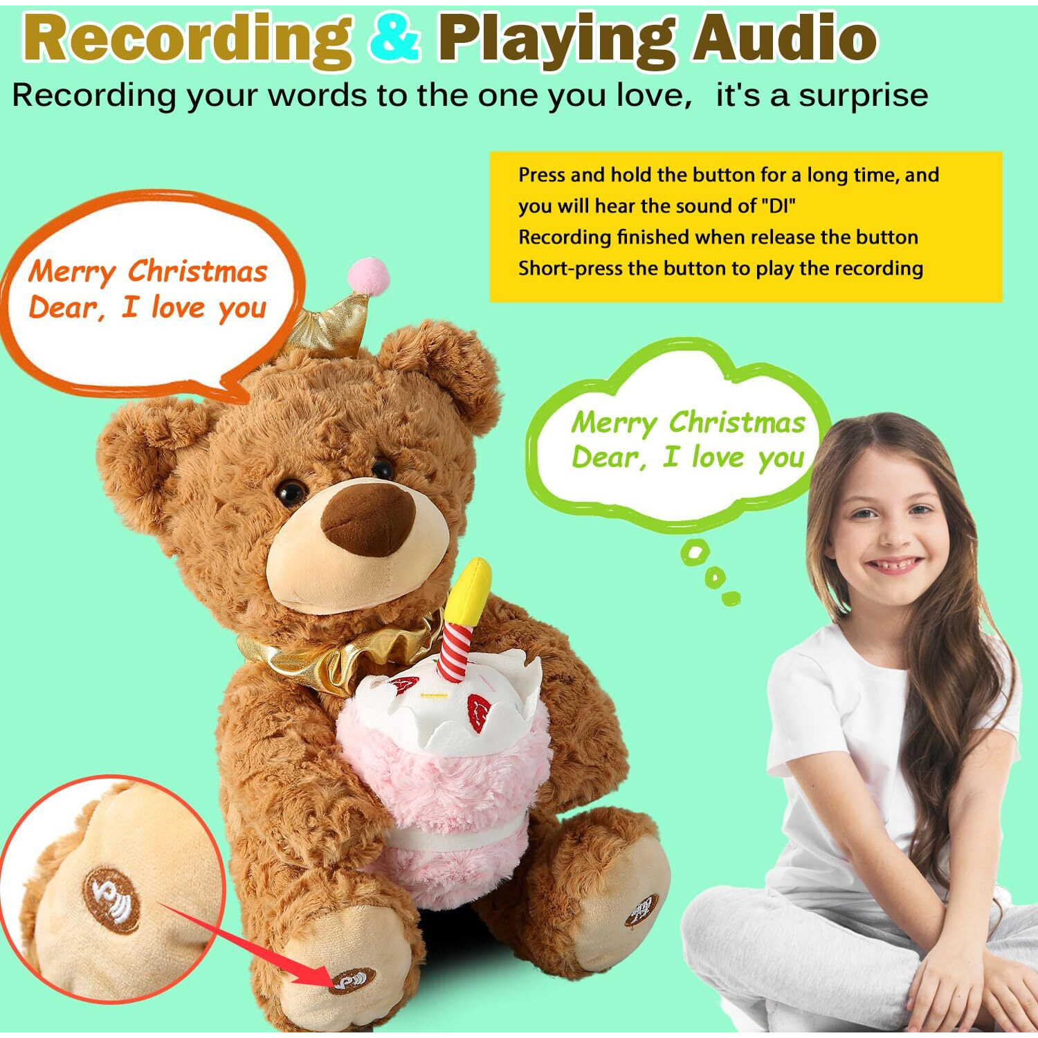 Marsjoy Musical Happy Birthday Teddy Bear With Glowing Cupcake, Animated Plush Toy Singing Dancing Talking Plush Bear Repeating What You Say Recording Toy Stuffed Animal Gift For Girl Kid