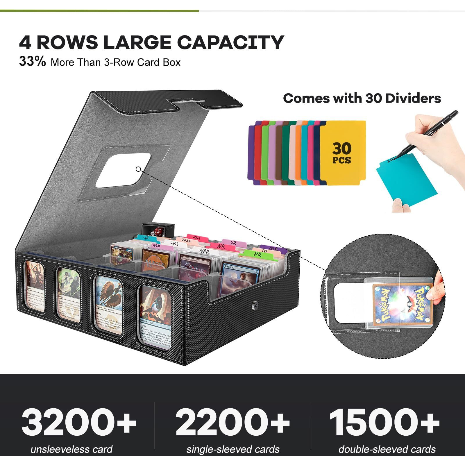 Gomyrod Mtg Deck Box, 3200+ Card Storage Box With 30 Colorful Divider & 8 Card Supporters Collectible Trading Card Cases With Handle & Viewing Windows Fits For Yugioh Mtg Cards(Black & Grey)