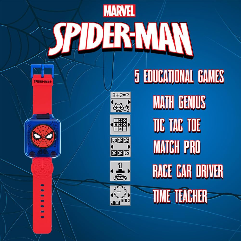 Accutime Marvel Spider-Man Educational Learning Digital Blue Watch For Boys, Toddlers, Kids With Red Strap - Includes Timer, Stopwatch, Alarm, Games Perfect For Girls And Boys 3+
