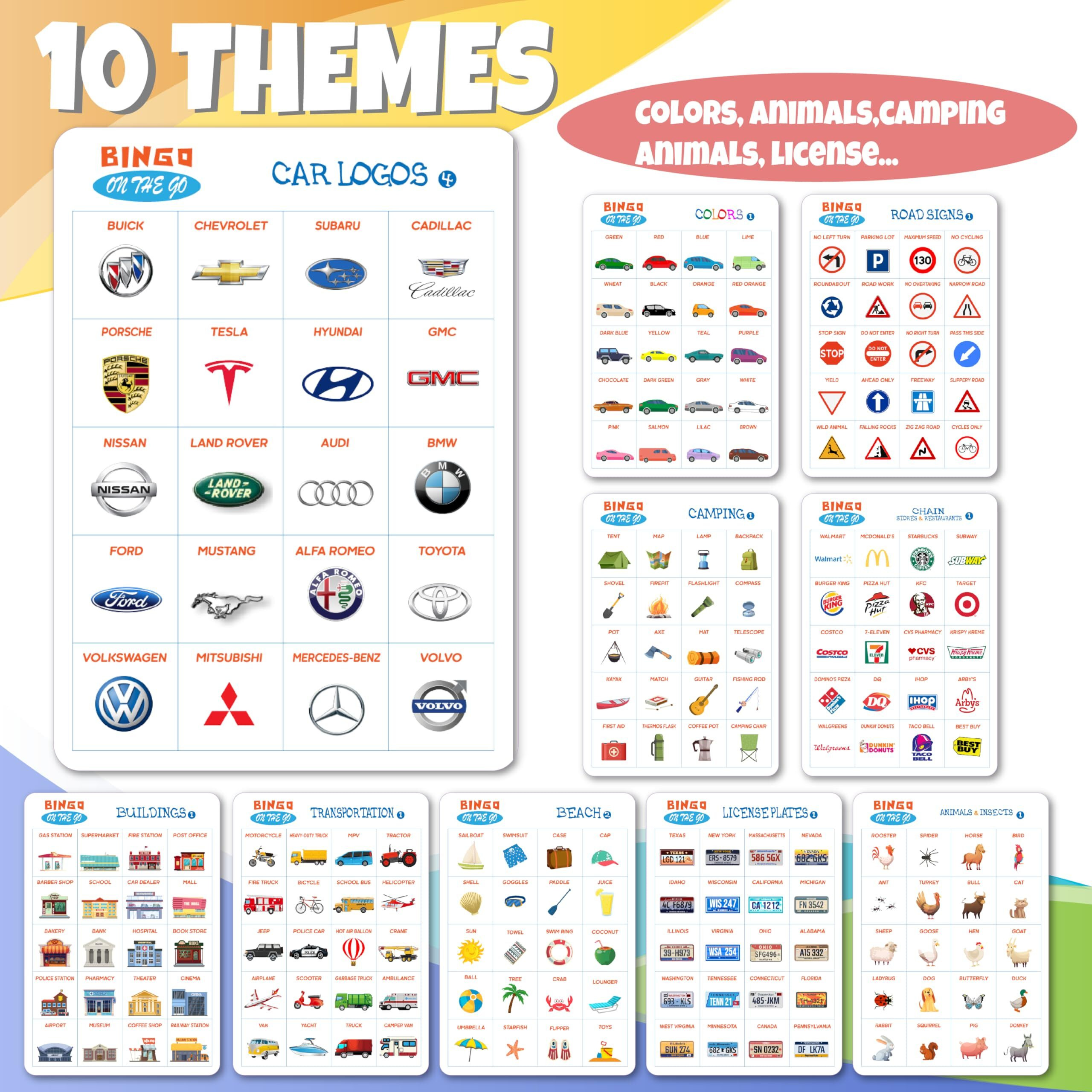 Grandlmoon 48 Designs 9 Themes Car Bingo And Road Trip Scavenger Hunt Game With 3 Markers For Kids, Fun Travel Activity For Kids Ages 3-8