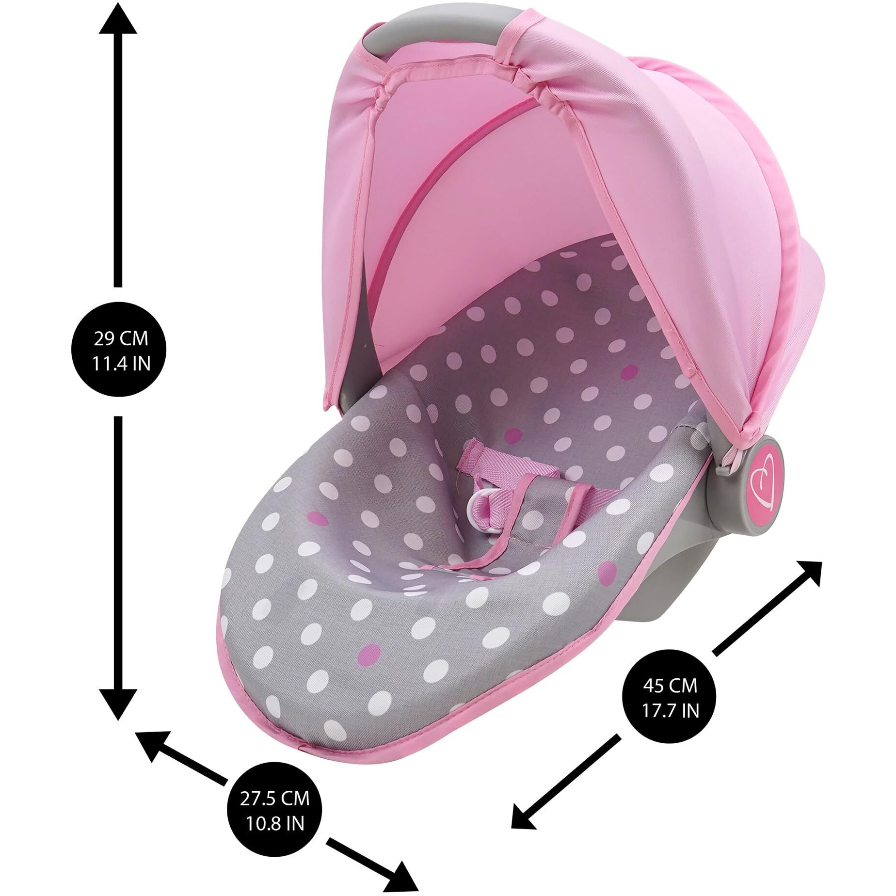 509 Crew Cotton Candy Pink 3-In-1 Doll Car Seat - Pink, Grey, Polka Dot - For Dolls Up To 18"", Multifunctional, Retractable Canopy, Kids Ages 3+