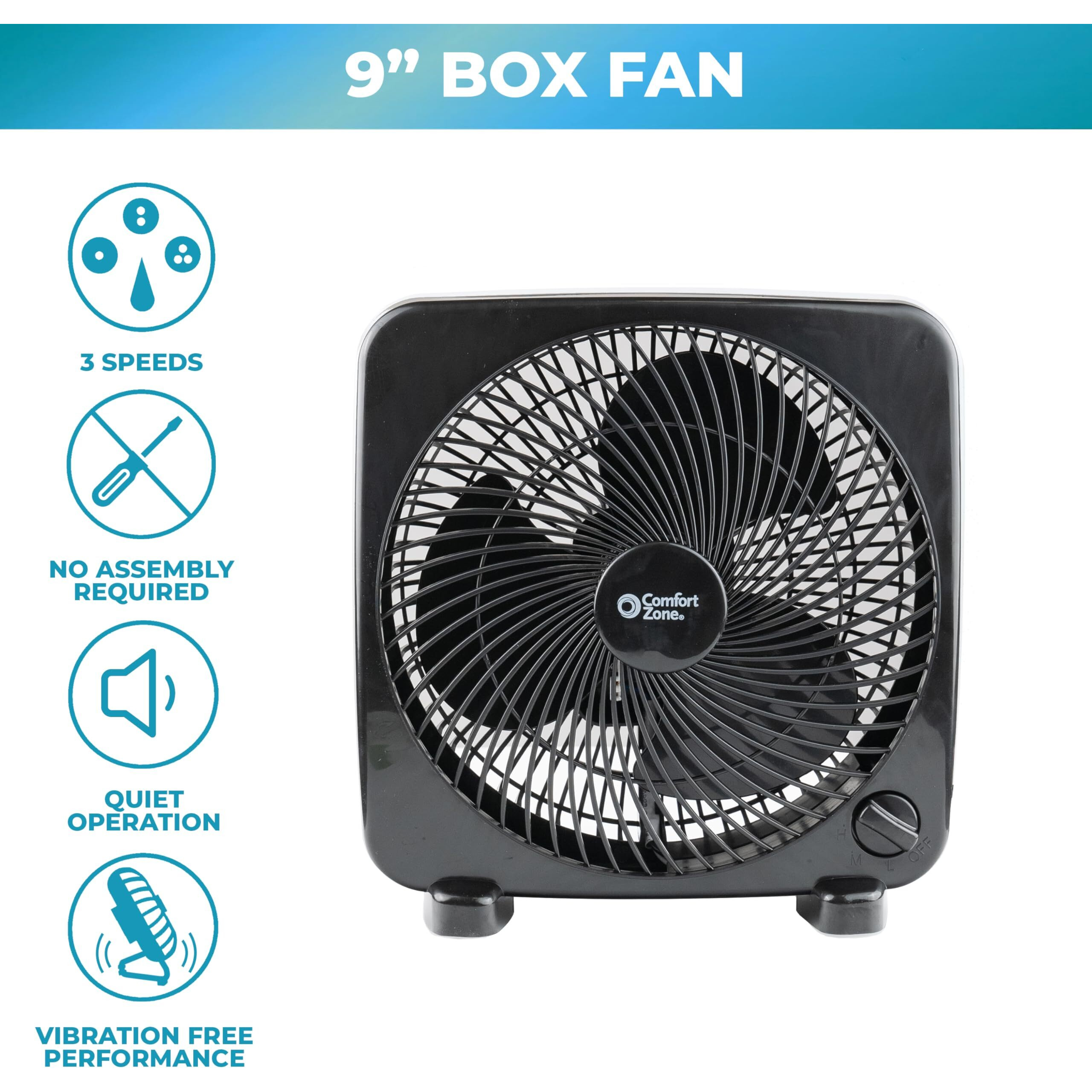 Comfort Zone Box Fan, 9 Inch, Portable, Electric Quiet, 3 Speed, Small Box Fan, Desk Fan, Table Fan, Airflow 9.65 Ft/Sec, Ideal For Home, Bedroom, Dorm, & Office, Cz9Bblk