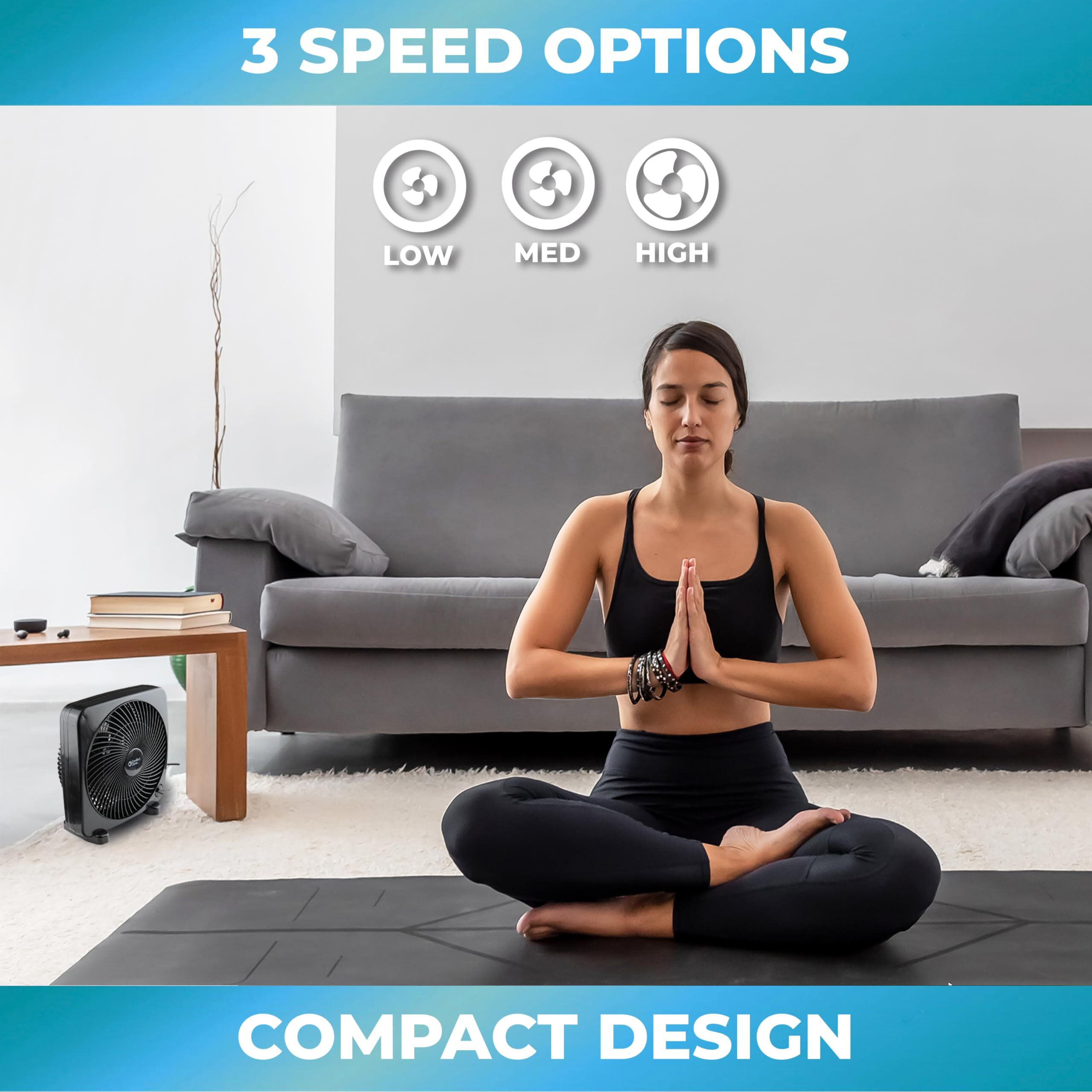 Comfort Zone Box Fan, 9 Inch, Portable, Electric Quiet, 3 Speed, Small Box Fan, Desk Fan, Table Fan, Airflow 9.65 Ft/Sec, Ideal For Home, Bedroom, Dorm, & Office, Cz9Bblk