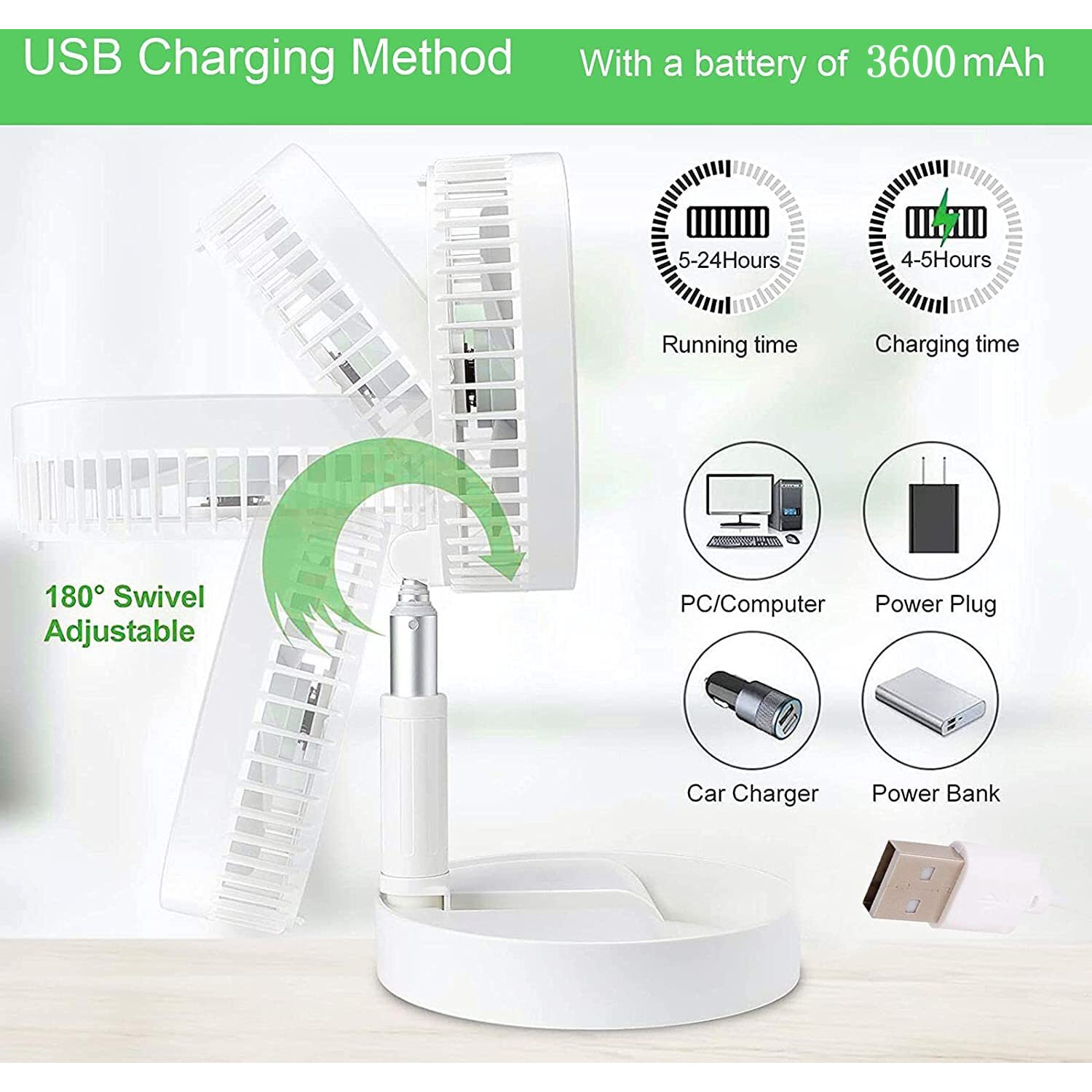 Loread Portable Desk Fan,Foldable Fan Pedestal Stand Floor Fan With Remote Controller Adjustable Height From 14.2'' To 39'', 4 Speeds, 7200Mah Rechargeable Telescopic Usb Charging
