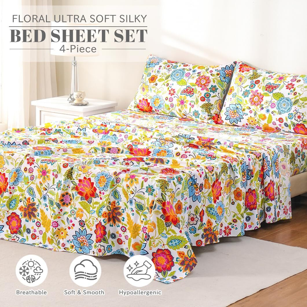 Bedlifes King Sheet Sets Ultra Soft Breathable Silky Flower Bed Sheets Deep Pocket 100% Microfiber Bedding Sheets 4 Piece King Size Floral Spring