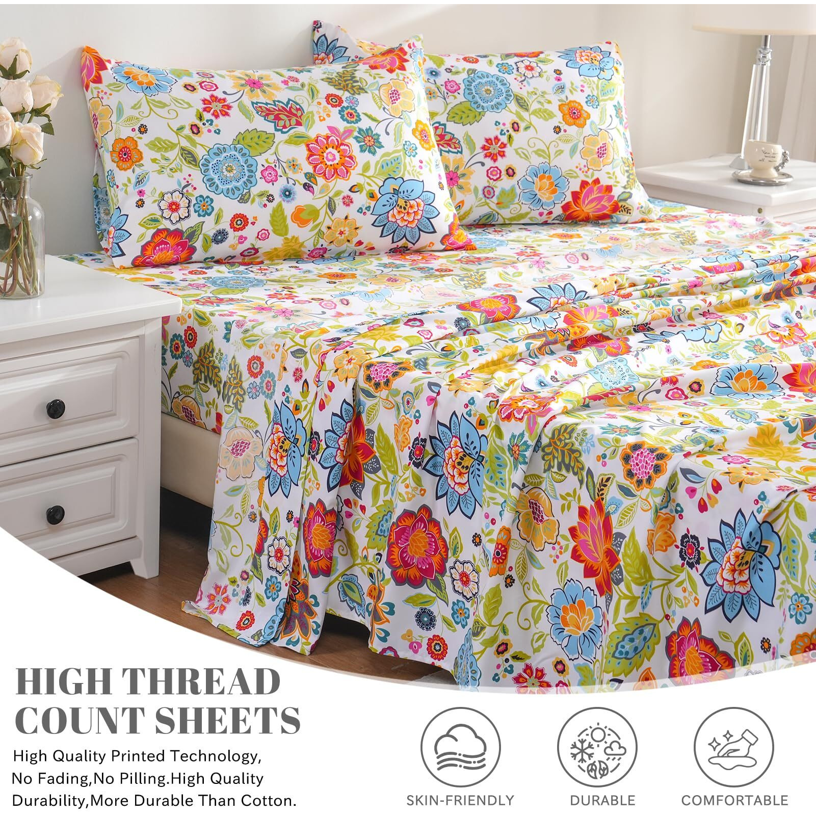 Bedlifes King Sheet Sets Ultra Soft Breathable Silky Flower Bed Sheets Deep Pocket 100% Microfiber Bedding Sheets 4 Piece King Size Floral Spring