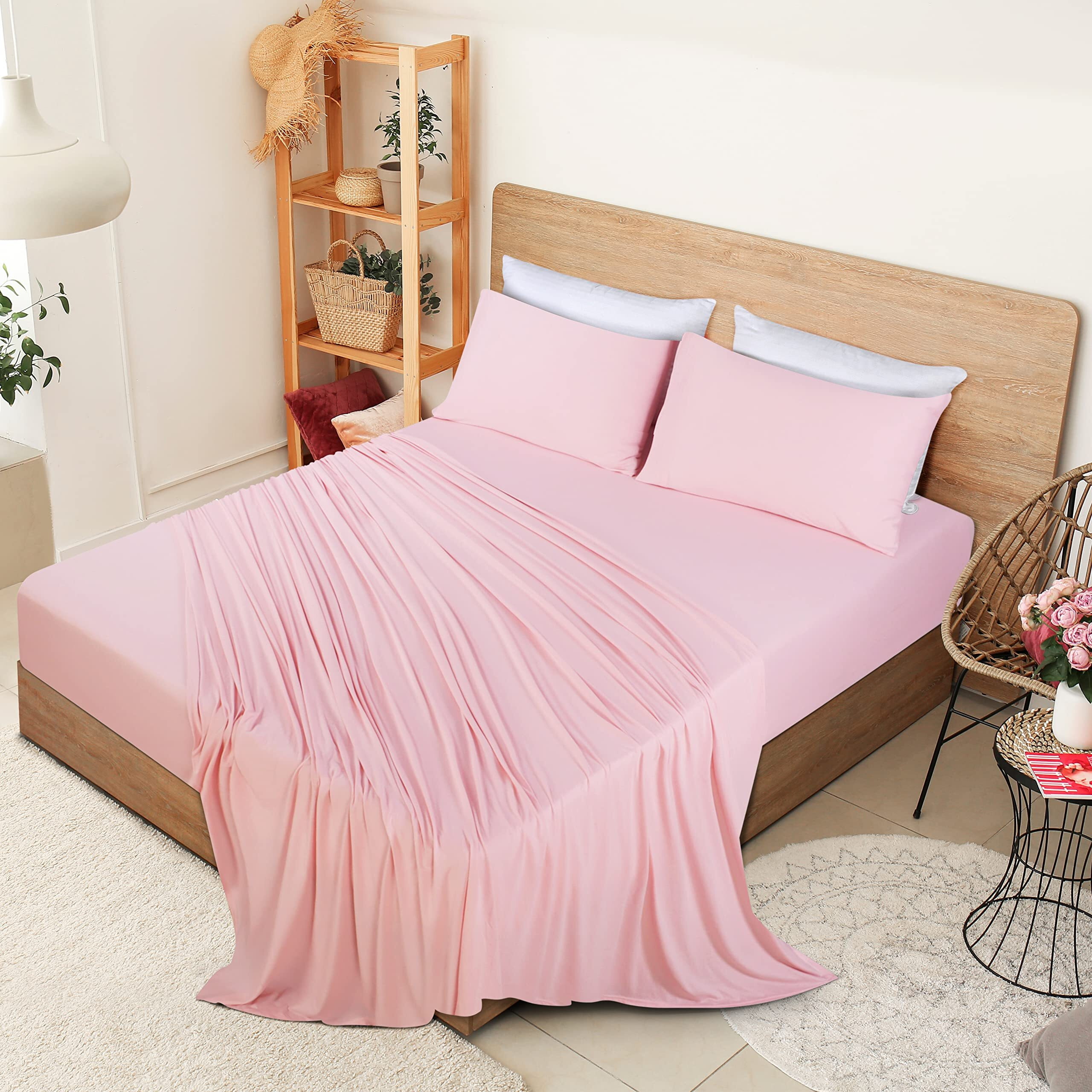 Utopia Bedding Queen Sheet Set - Jersey Knit Sheets 4 Piece Queen Jersey Sheet Set - Cotton Jersey Sheets - Soft T-Shirt Stretchy Sheets (Queen, Pink)