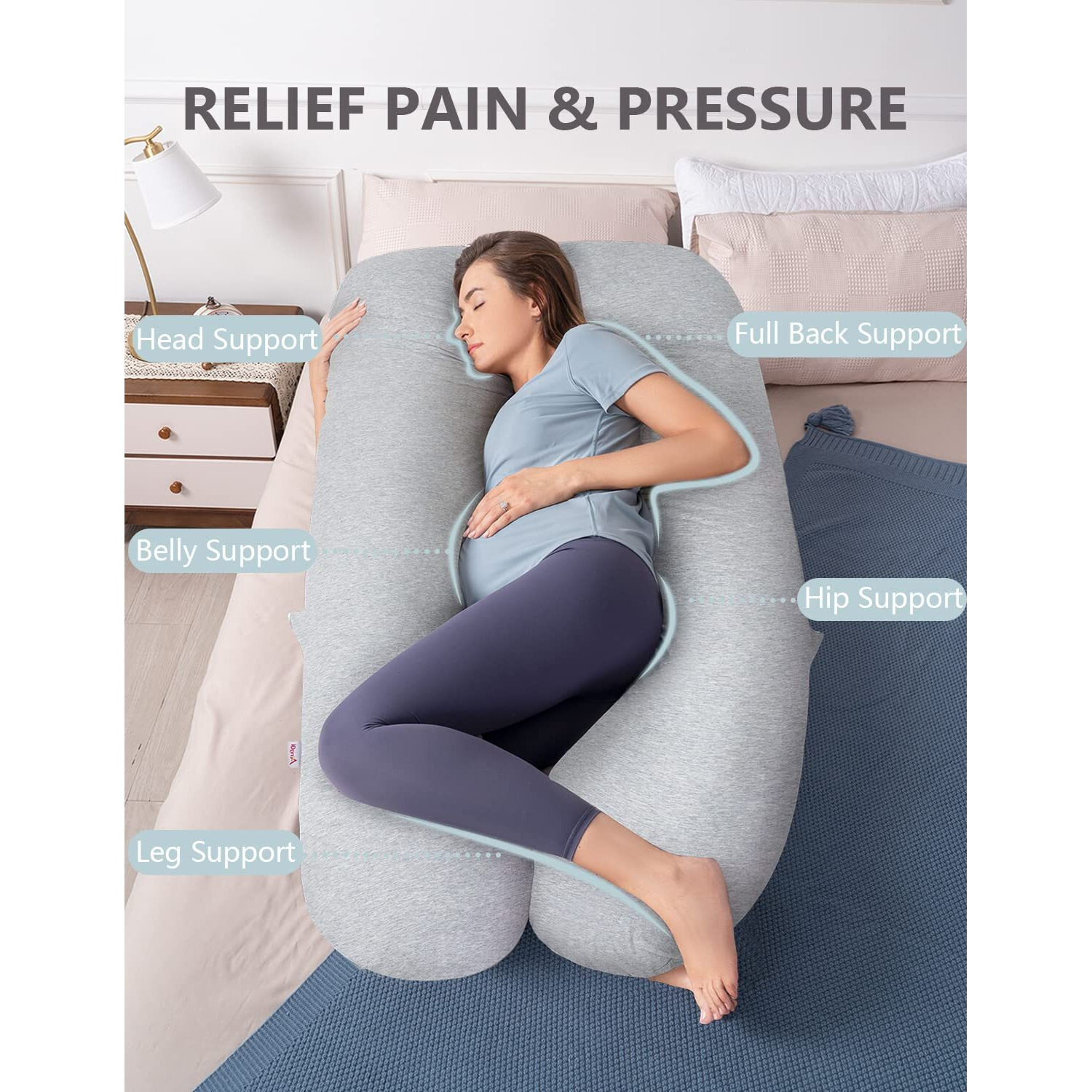 Angqi Pregnancy Pillows, U Shaped Pregnancy Body Pillow For Sleeping, 55 Inch Maternity Pillow For Pregnant Women With Cooling Jersey Cover, Grey