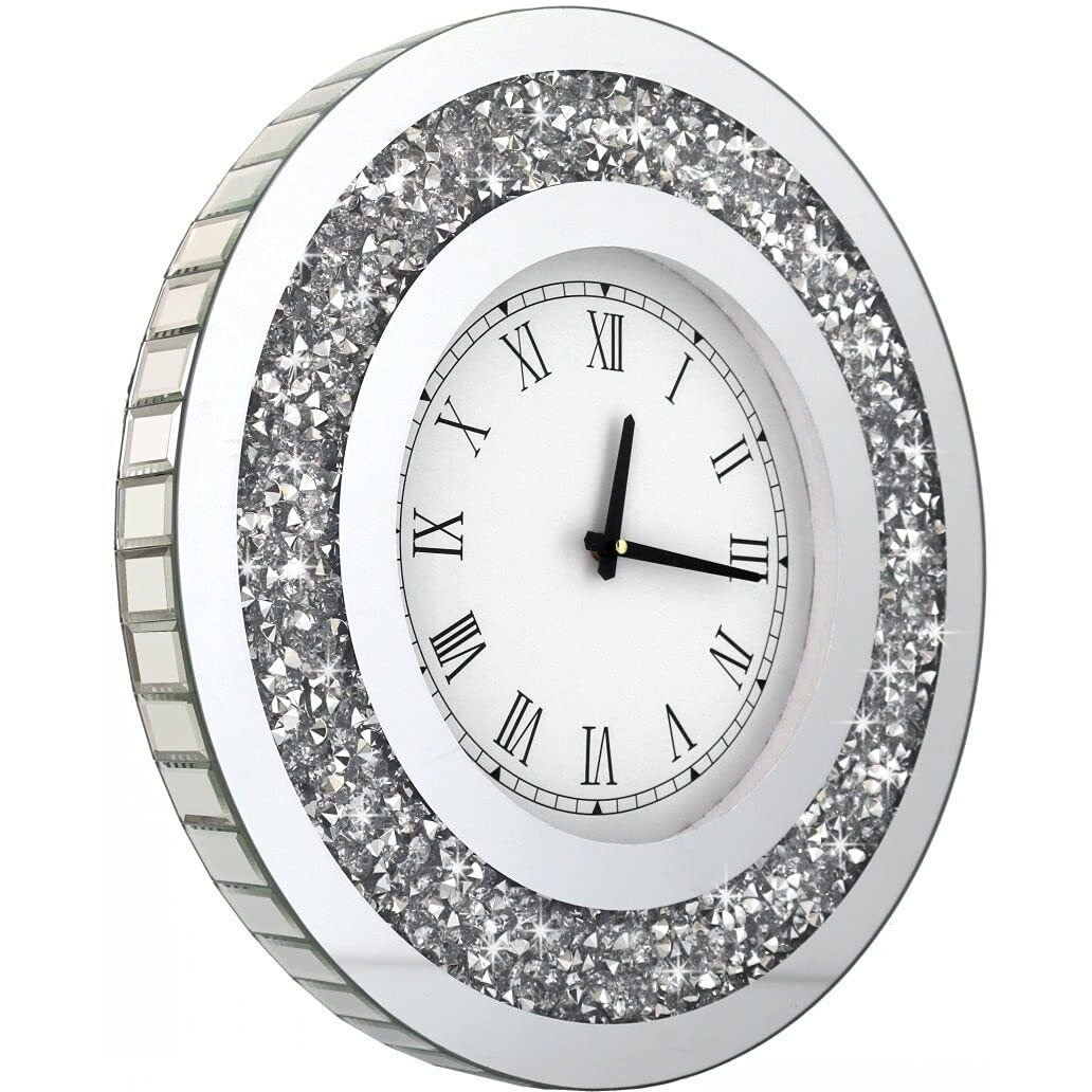 Dmdfirst Silver Round Mirror Clock 20X20Inches Crystal Sparkle Twinkle Bling Crush Diamond Mirrored Large Wall Clock For Wall Decoration Silver Glass Mirror Home D  Cor. Aa Battery Is Not Included.
