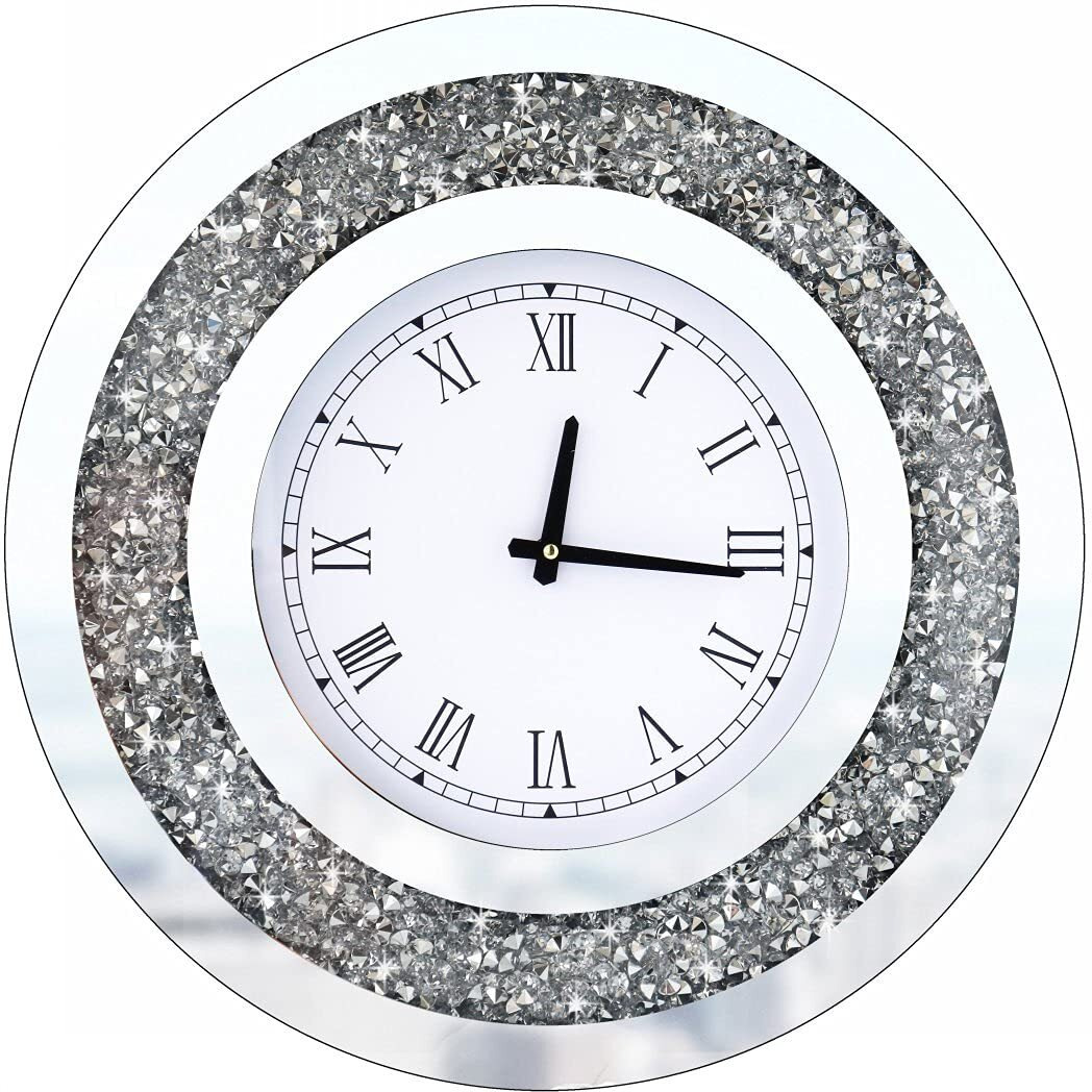 Dmdfirst Silver Round Mirror Clock 20X20Inches Crystal Sparkle Twinkle Bling Crush Diamond Mirrored Large Wall Clock For Wall Decoration Silver Glass Mirror Home D  Cor. Aa Battery Is Not Included.
