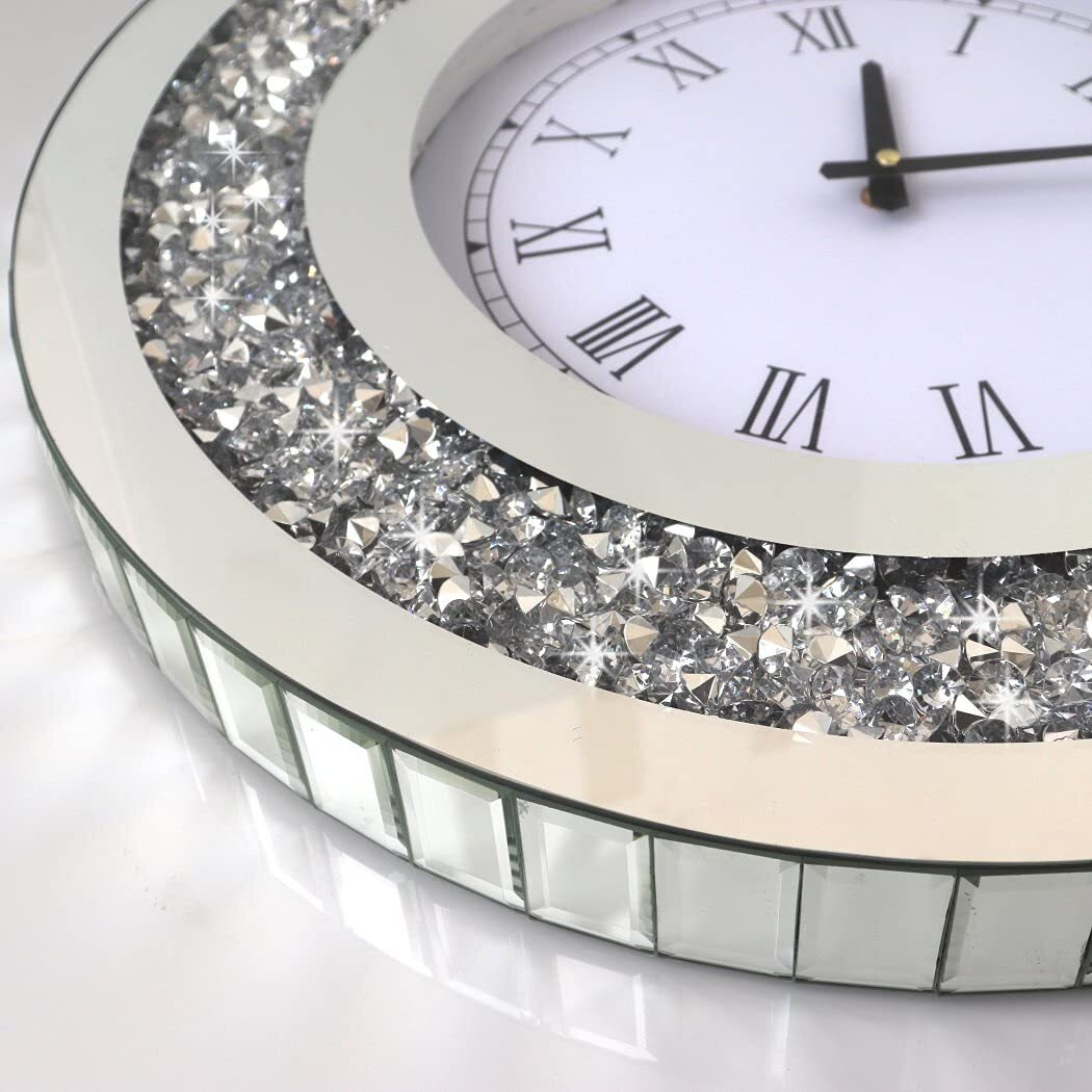 Dmdfirst Silver Round Mirror Clock 20X20Inches Crystal Sparkle Twinkle Bling Crush Diamond Mirrored Large Wall Clock For Wall Decoration Silver Glass Mirror Home D  Cor. Aa Battery Is Not Included.