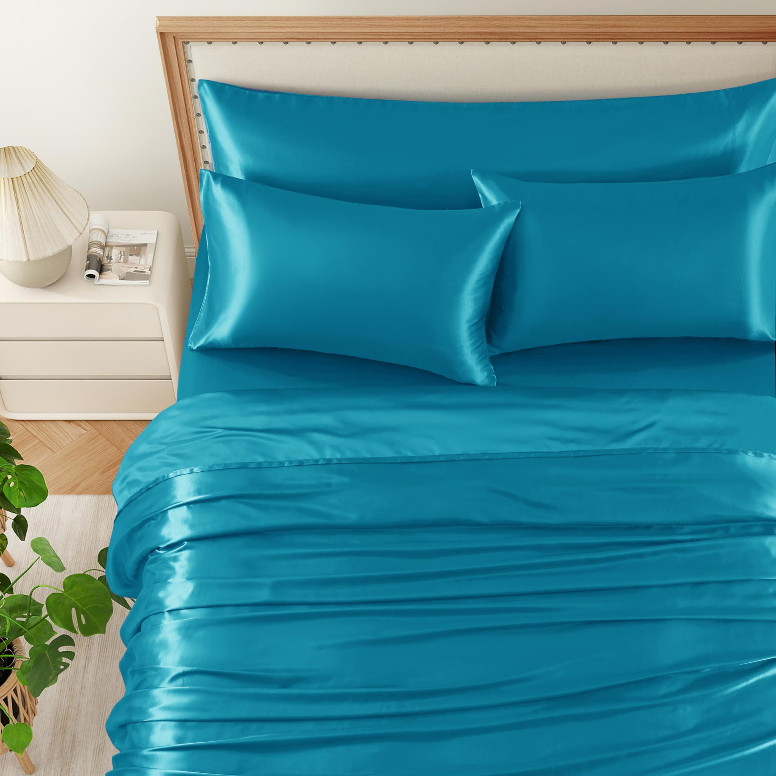 Hommxjf 5Pcs Lake Blue Silky Satin Sheets Queen Satin Sheets Set Queen Size Sheets Silky Breathable Luxury Bedding Sheets With 1 Satin Flat Sheet,1Deep Pocket Fitted Sheet,3 Pillowcases