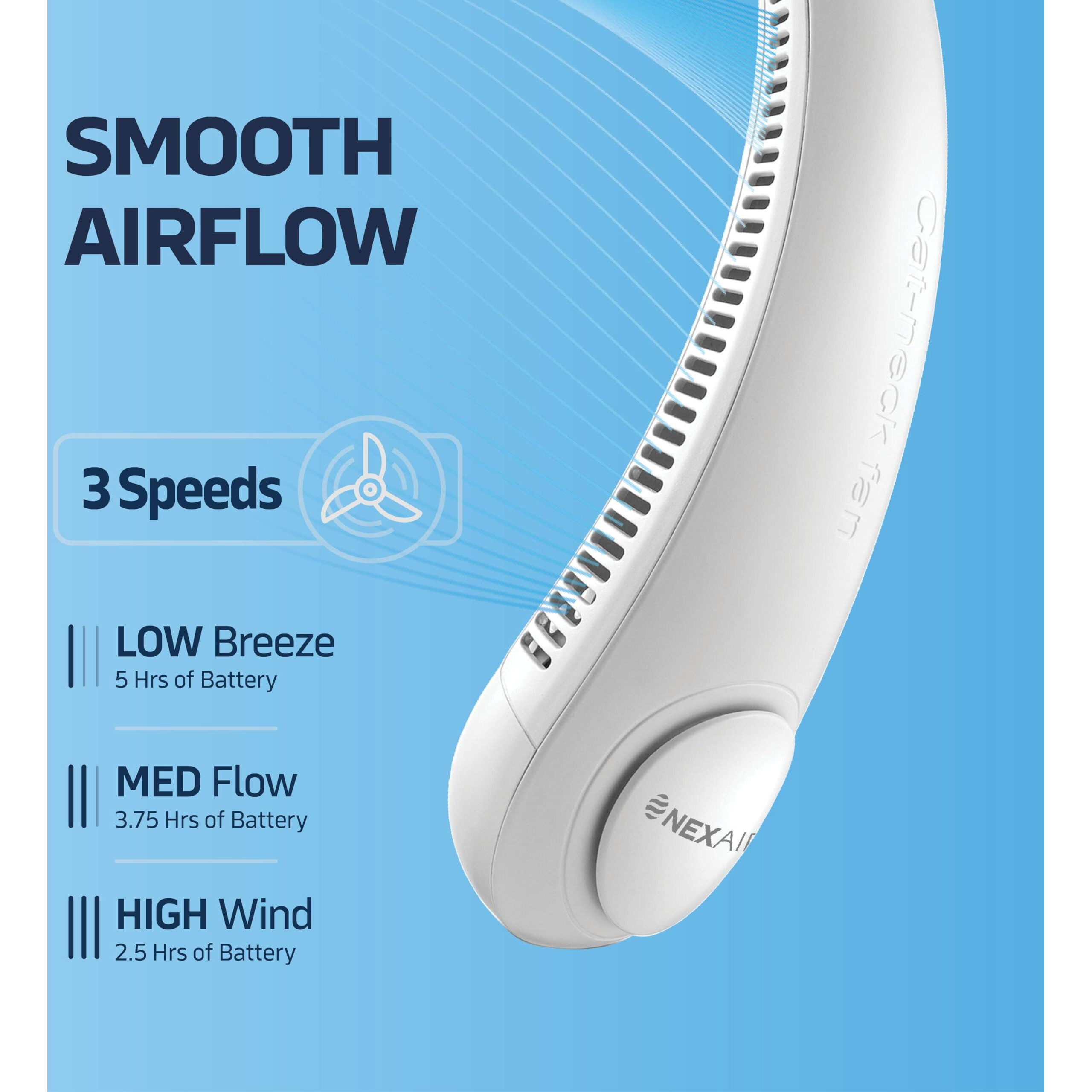 Nexair Portable Neck Fan - 3 Speed Rechargeable Bladeless Neck Fan, Adjustable Personal Neck Fan For Women & Men Modern Design, Great Cooling Fan For Travel, Outdoors & Sports