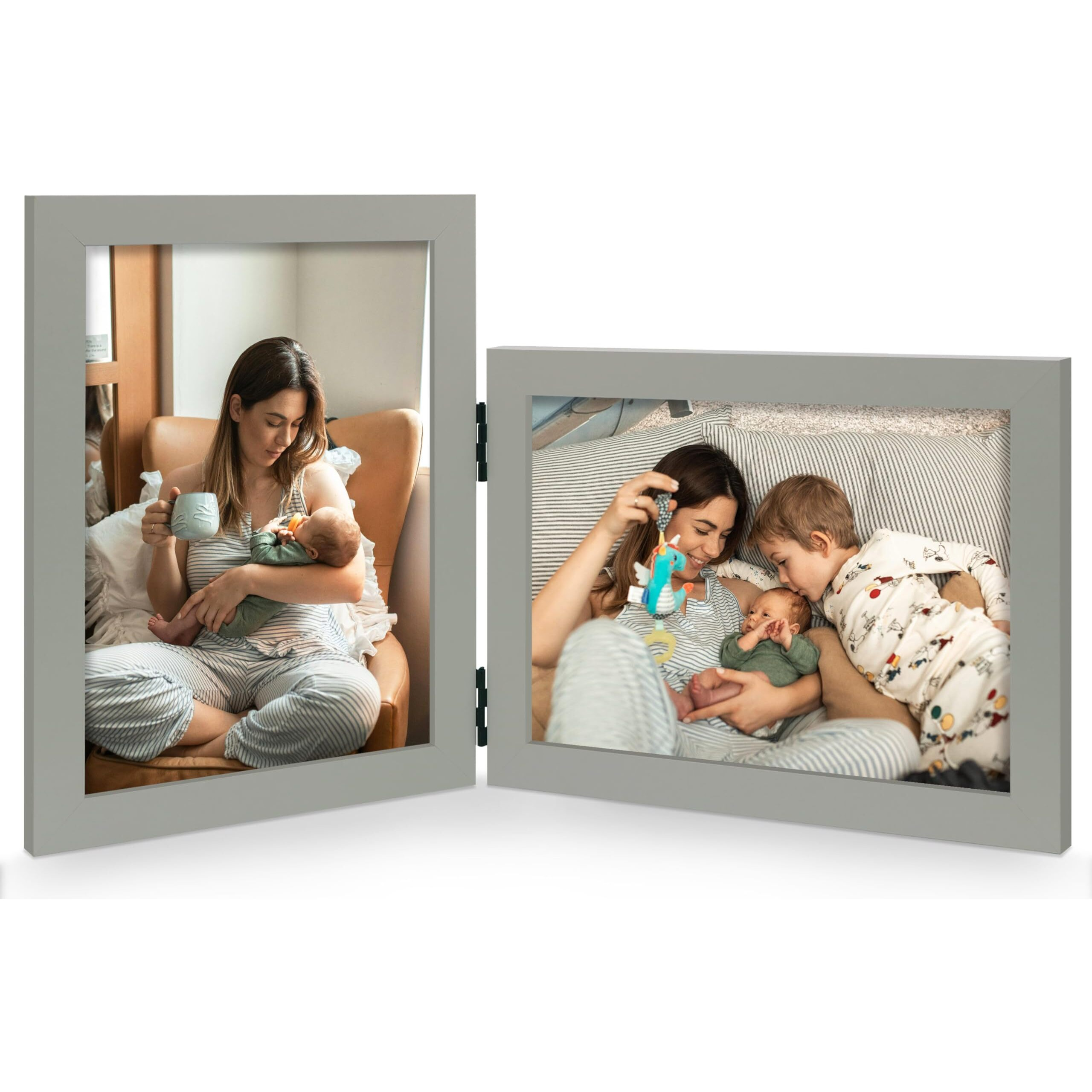 Jd Concept Vertical Horizontal Combo, Double 4X6 Grey Wood Foldable Picture Frame, Opening 3.5X5.5, Desktop Or Wall Mounted, Portrait And Landscape View