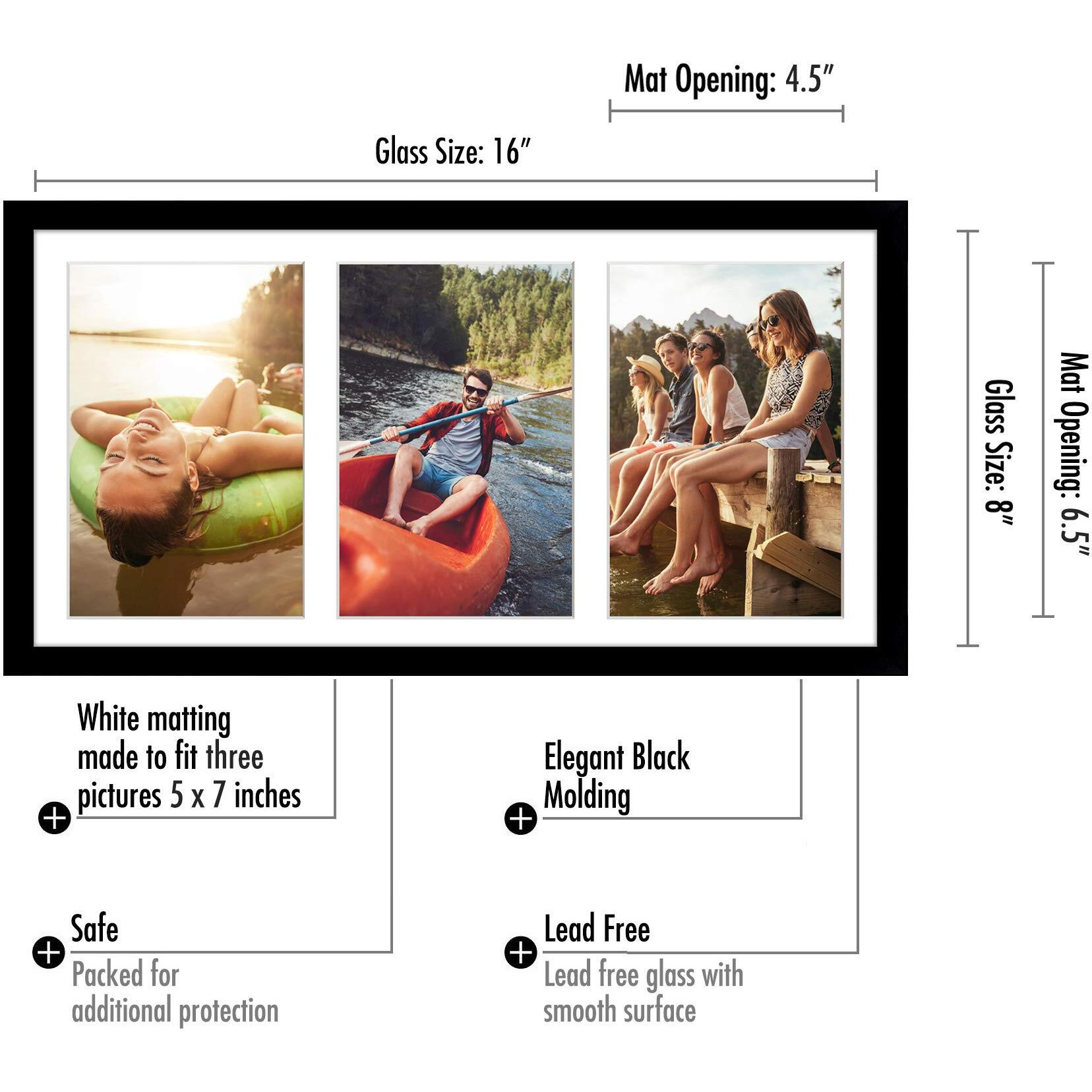 Americanflat 8X16 Collage Picture Frame With Shatter-Resistant Glass - Fits Three 5X7 Photos Or One 8X16 Picture - Signature Collection - Photo Frame For Tabletop And Wall Display - Black