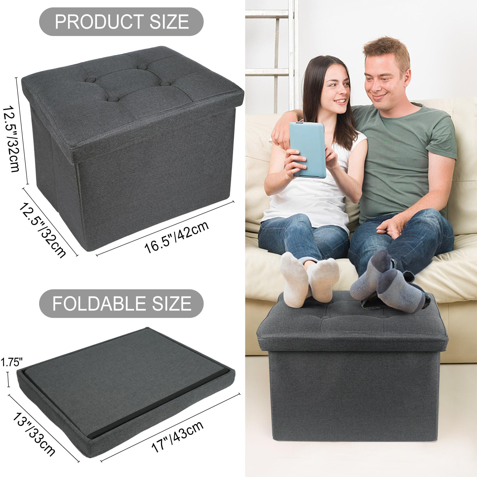 Lotfancy Storage Ottoman, Foot Rest Ottoman, 17X13X13 Inch, Small Ottoman For Living Room, Footstool, Faux Linen, Grey