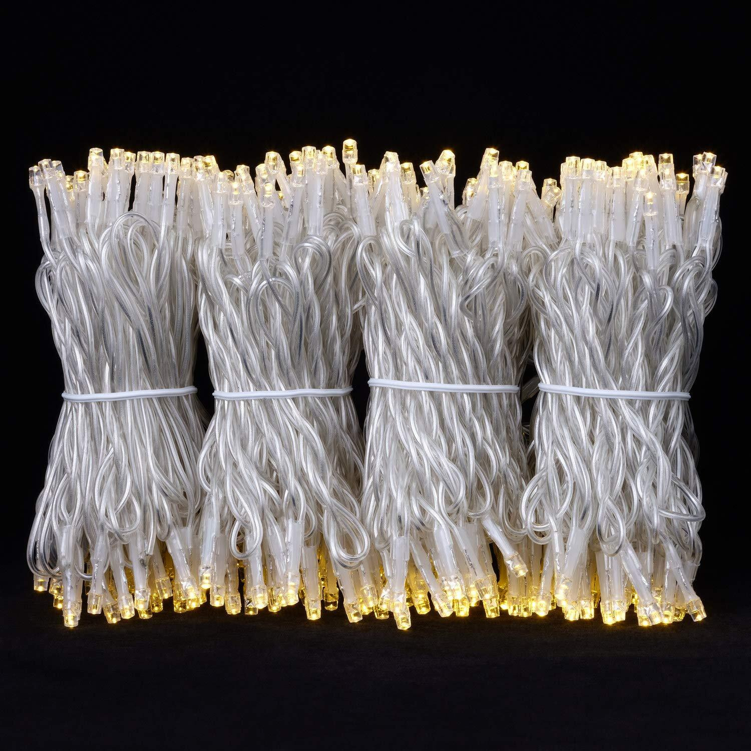 Yuletime 100 Feet 300 Count Warm White Led String Lights With 8 Models Adapter, Clear Wire Wide Angle 5Mm Christmas Lights (Warm White - Multimode)