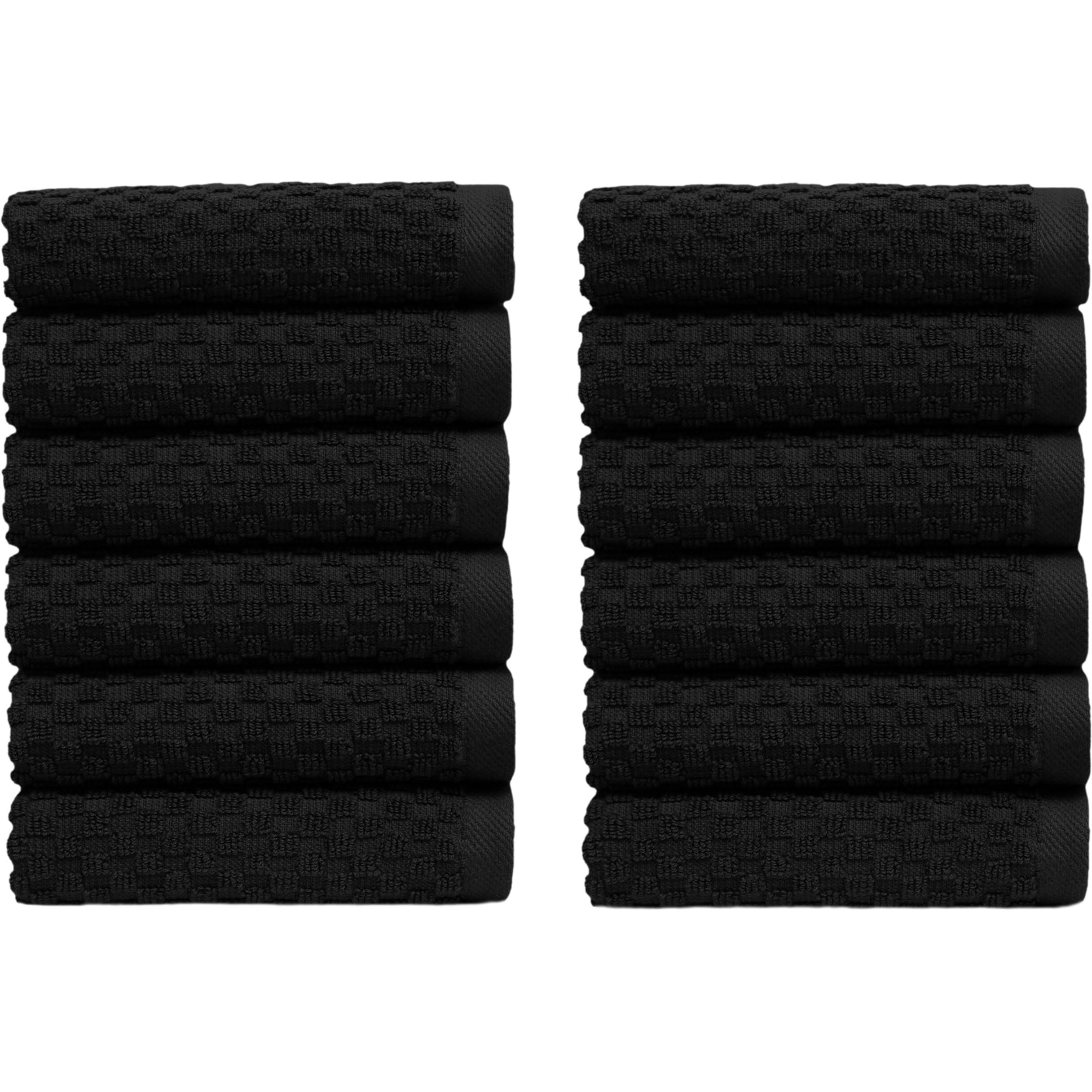 Cotton Craft Euro Spa Waffle Wash Cloth - Set Of 12 Luxury Pure Ringspun Cotton Waffle Weave Bathroom Face Towel - Everyday Absorbent Hotel Gym Shower Beach Kitchen Travel Dorm - 12X12 Inches - Black