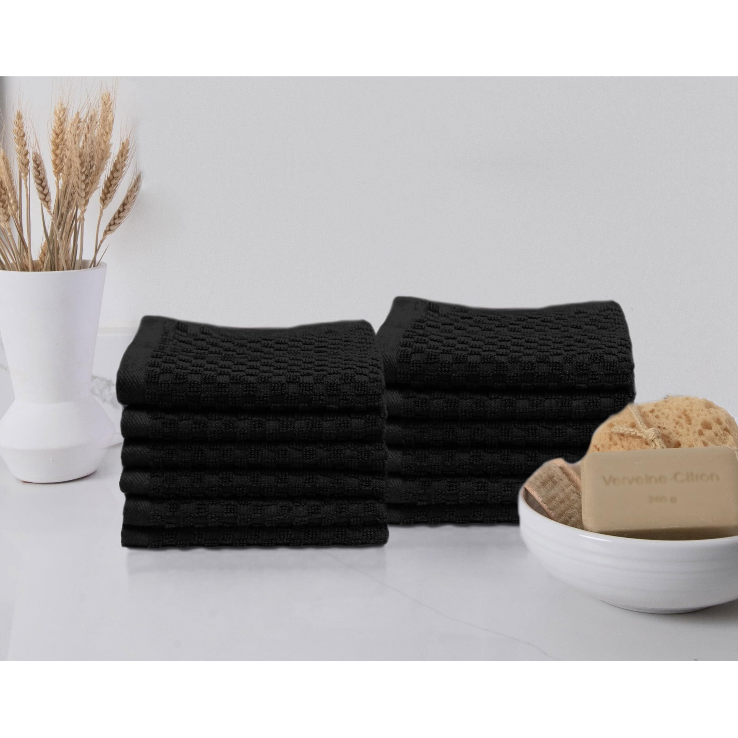 Cotton Craft Euro Spa Waffle Wash Cloth - Set Of 12 Luxury Pure Ringspun Cotton Waffle Weave Bathroom Face Towel - Everyday Absorbent Hotel Gym Shower Beach Kitchen Travel Dorm - 12X12 Inches - Black