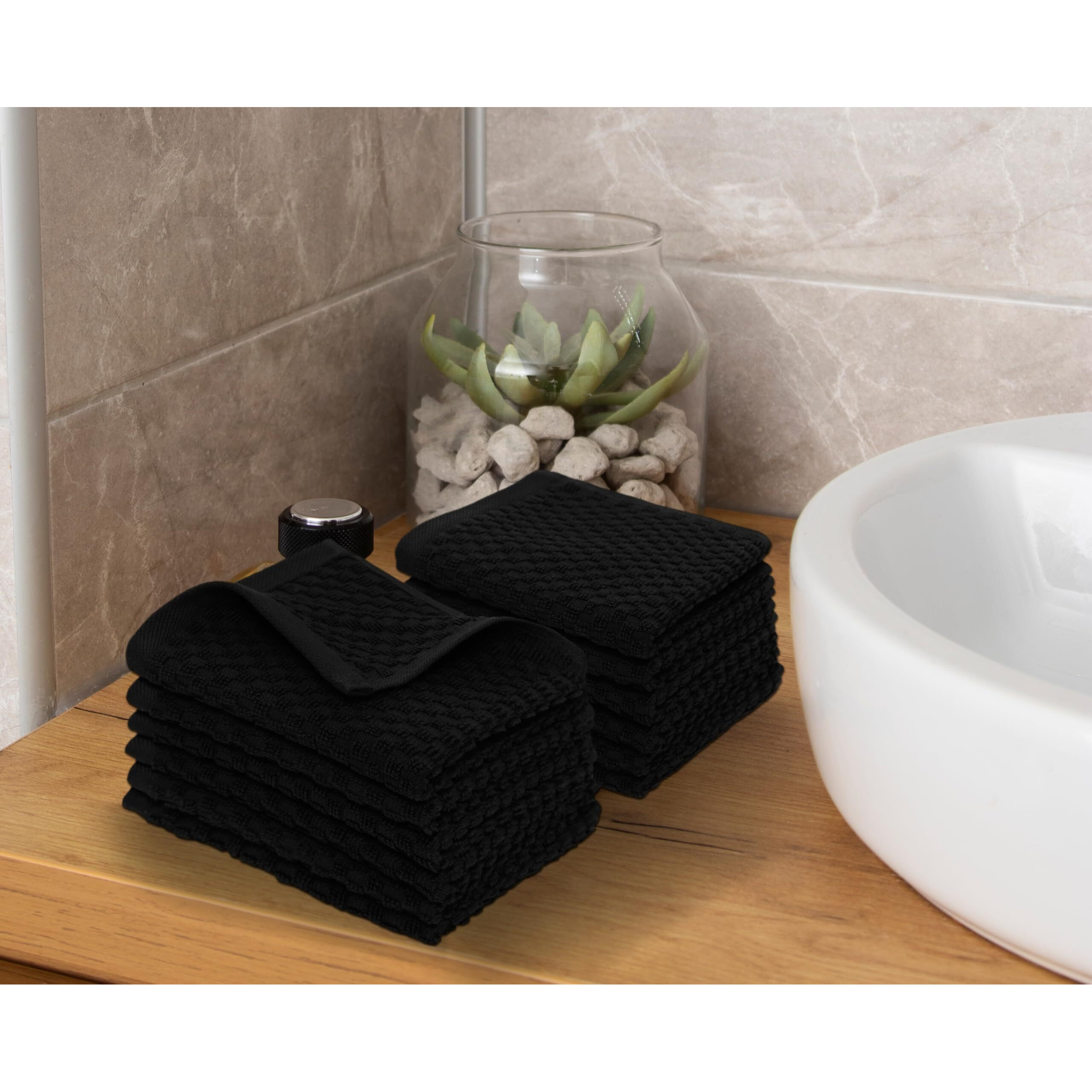 Cotton Craft Euro Spa Waffle Wash Cloth - Set Of 12 Luxury Pure Ringspun Cotton Waffle Weave Bathroom Face Towel - Everyday Absorbent Hotel Gym Shower Beach Kitchen Travel Dorm - 12X12 Inches - Black