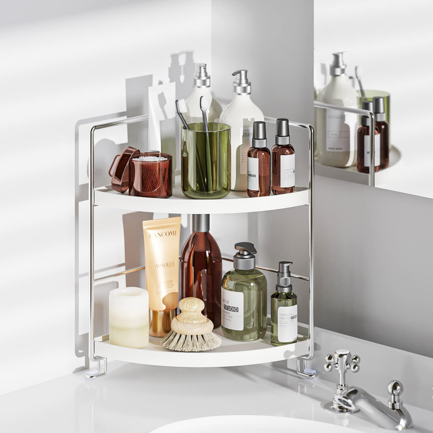 Kingberwi 2-Tier Bathroom Corner Counter Organizer, Makeup Storage Shelf Vanity Tray, Bathroom Sink Countertop Organizer, Silver