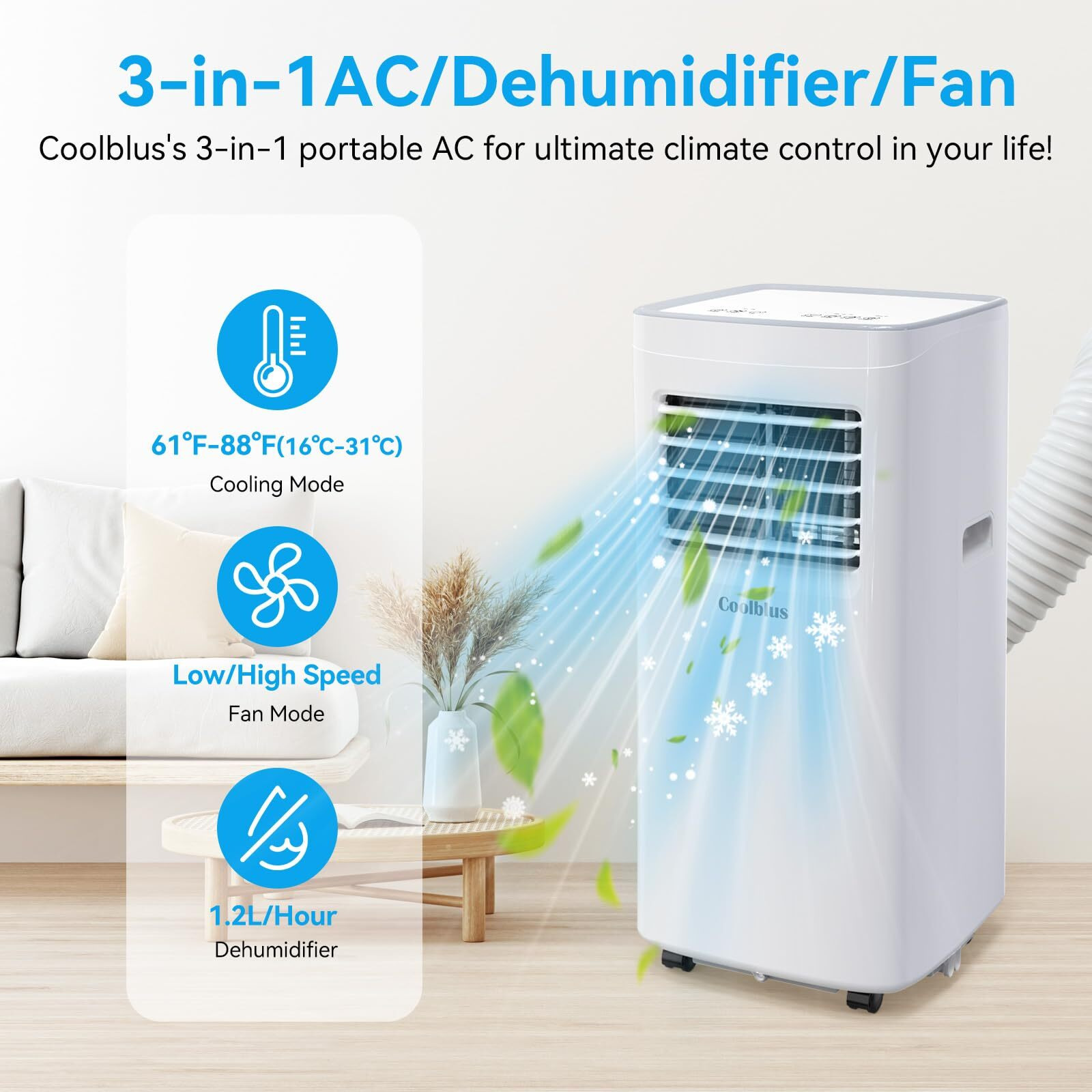 Coolblus Portable Air Conditioner,12000 Btu Portable Ac Up To 550 Sq,3 In 1 With Remote Control,Sleep Mode, Windows Kit,Brush,White