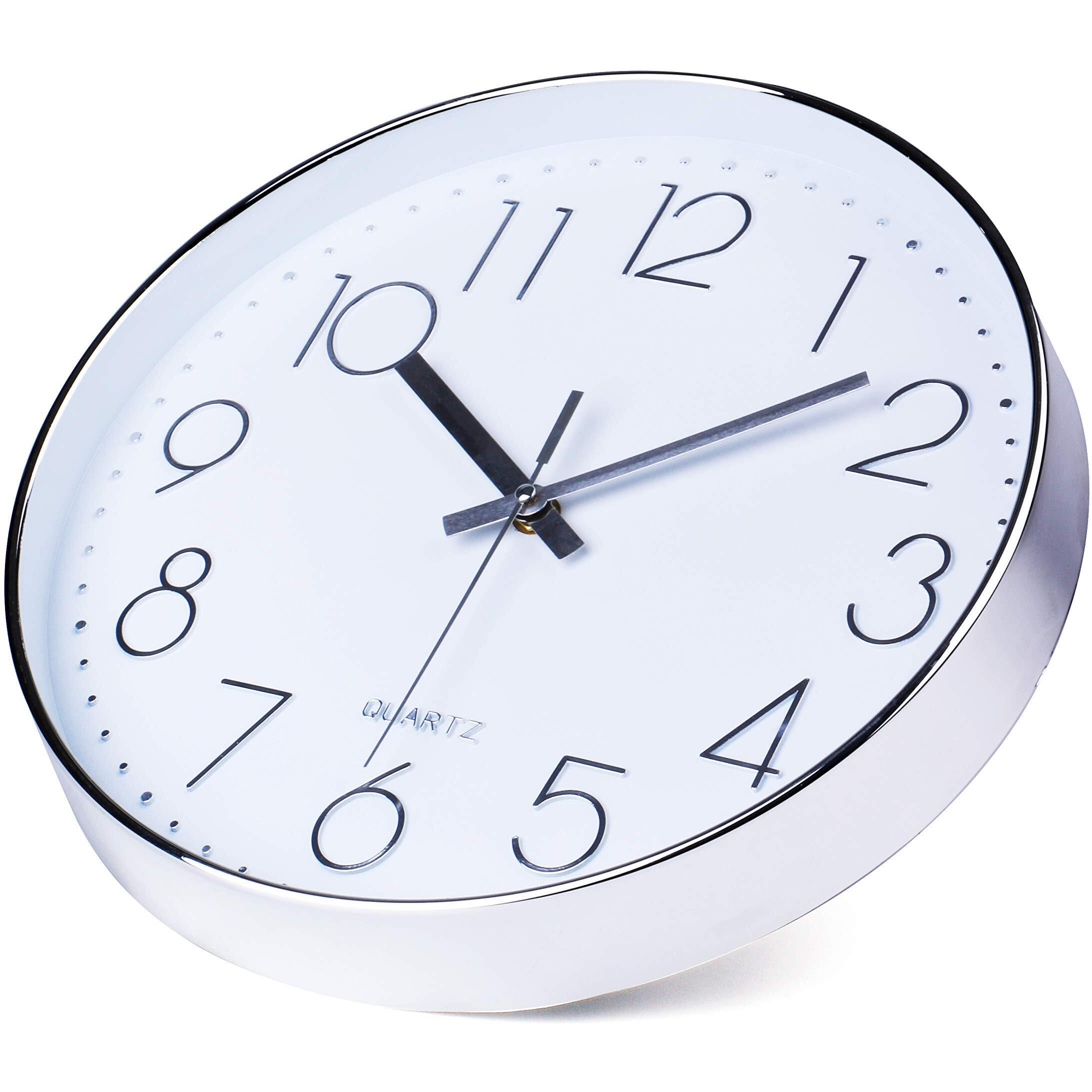 Jomparis Modern 12"" Battery Operated Non-Ticking Silent Sweep Movement Wall Clock Decorative For Office,Kitchen, Living Room, Bedroom, Bathroom Silver Plastic Frame