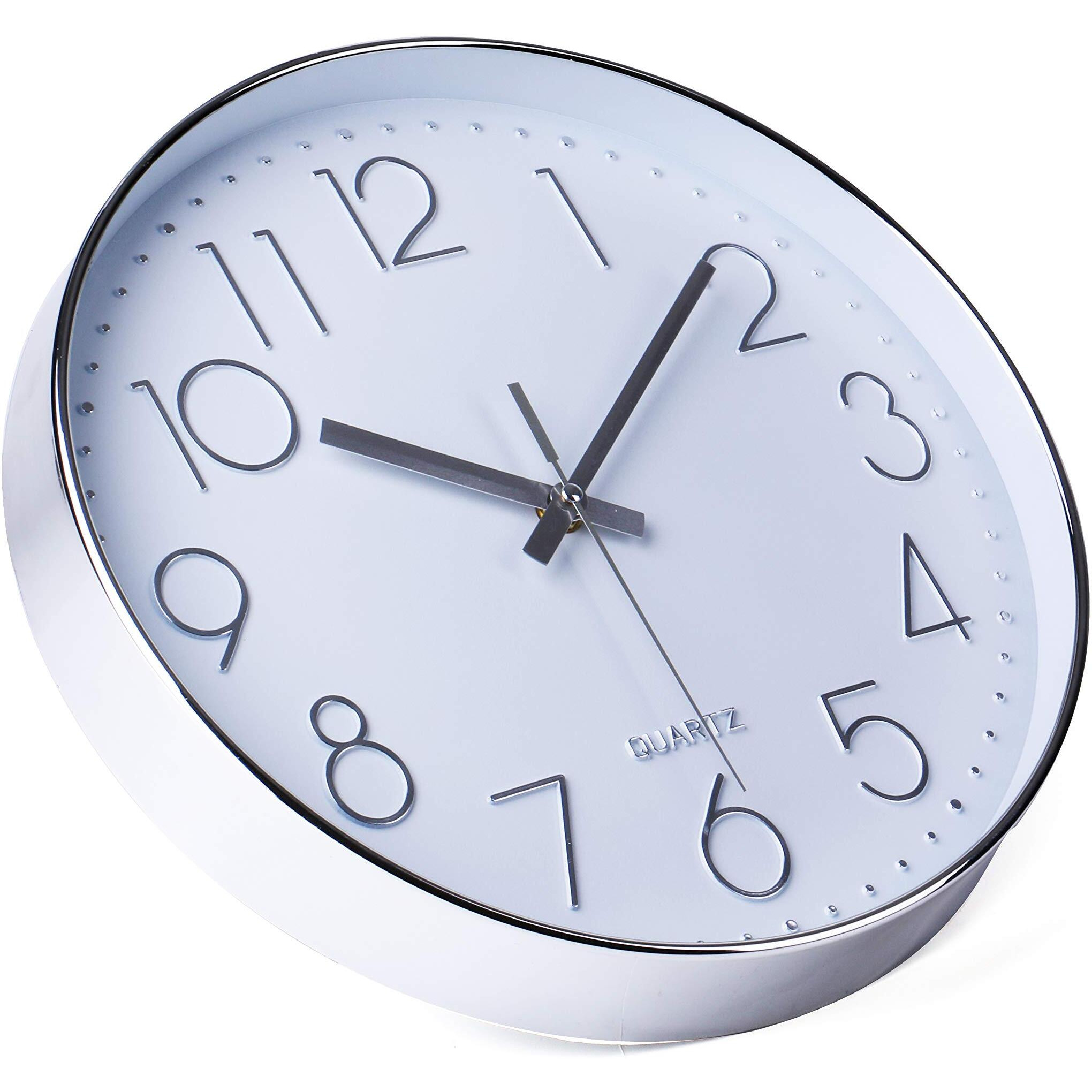Jomparis Modern 12"" Battery Operated Non-Ticking Silent Sweep Movement Wall Clock Decorative For Office,Kitchen, Living Room, Bedroom, Bathroom Silver Plastic Frame