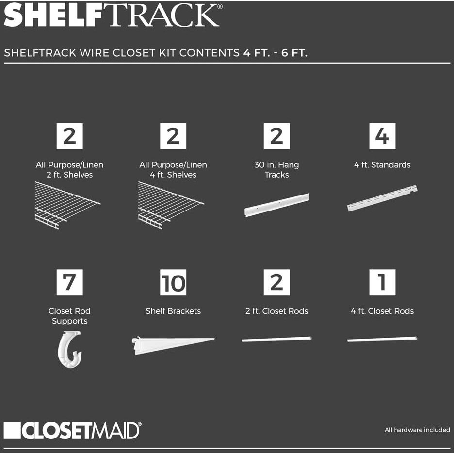 Closetmaid Shelftrack Wire Closet Organizer System, Adjustable From 4 To 6 Ft., With Shelves, Clothes Rods, Hardware, Durable Steel, White