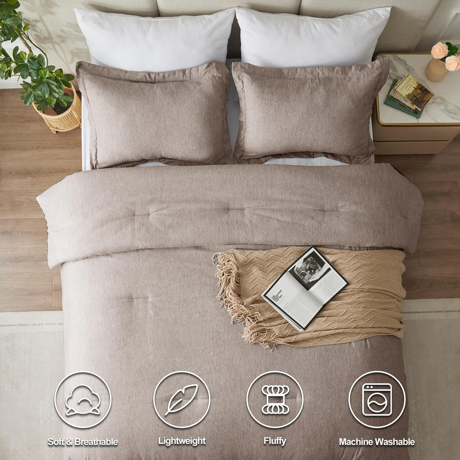 Cozylux Queen Comforter Set - 3 Pieces Khaki Soft Luxury Cationic Dyeing Queen Size Comforter For All Season, Breathable Lightweight Fluffy Bedding Sets With 1 Comforter And 2 Pillow Shams