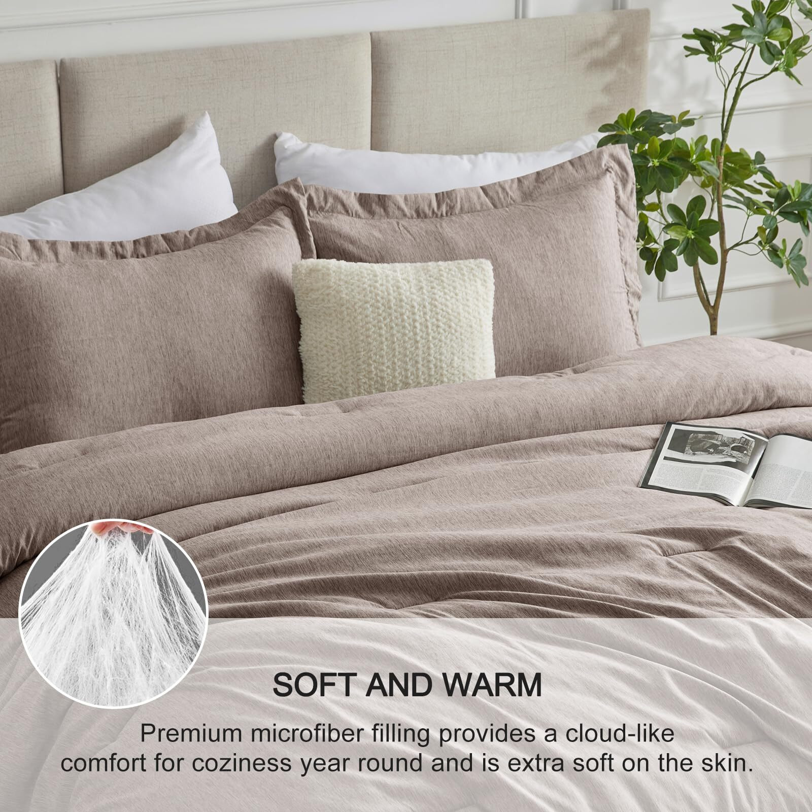 Cozylux Queen Comforter Set - 3 Pieces Khaki Soft Luxury Cationic Dyeing Queen Size Comforter For All Season, Breathable Lightweight Fluffy Bedding Sets With 1 Comforter And 2 Pillow Shams