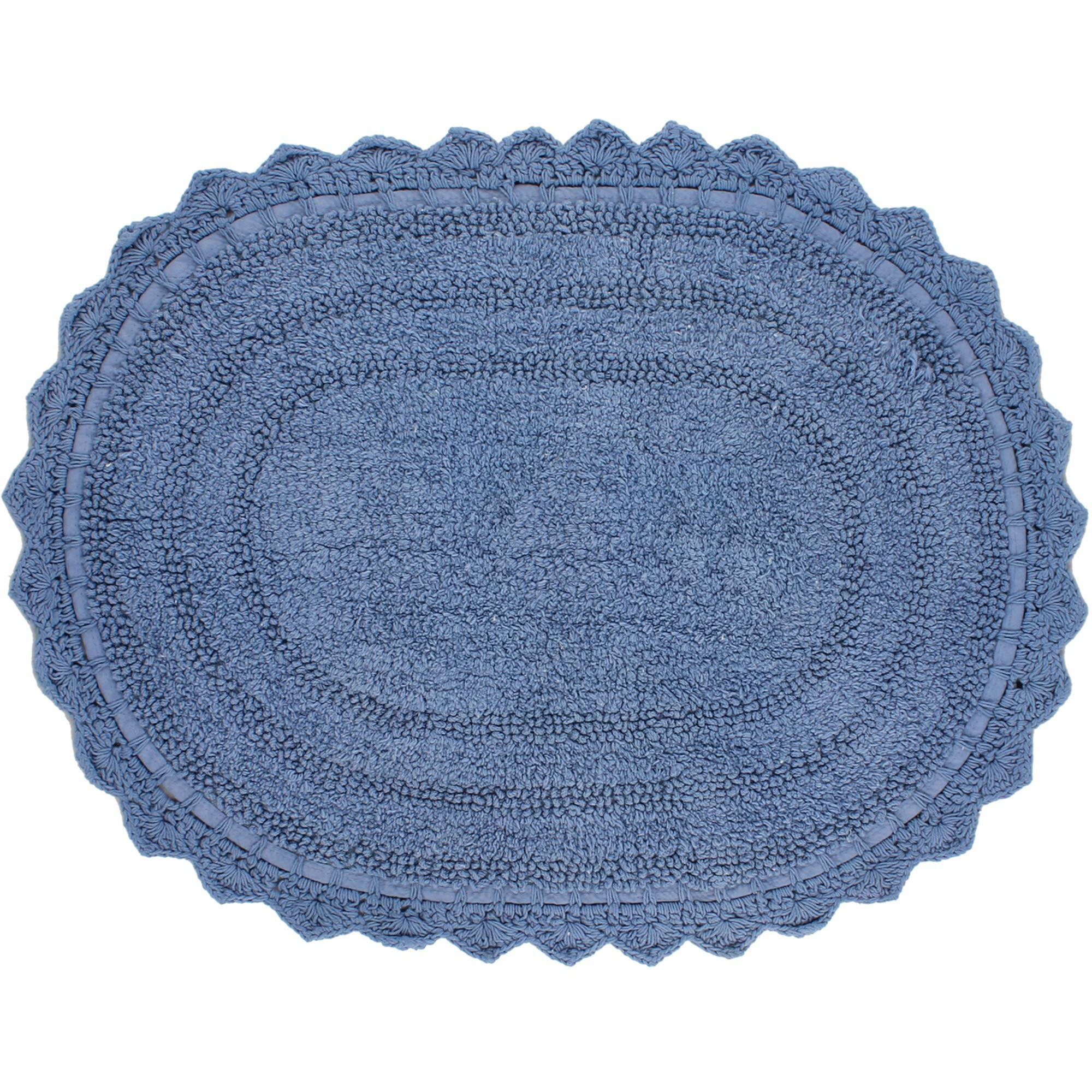 Rajrang Reversible Bath Mat For Bathroom With Crochet Cotton Absorbent Soft Bath Rug Parisian Blue Oval 24X17 Inches