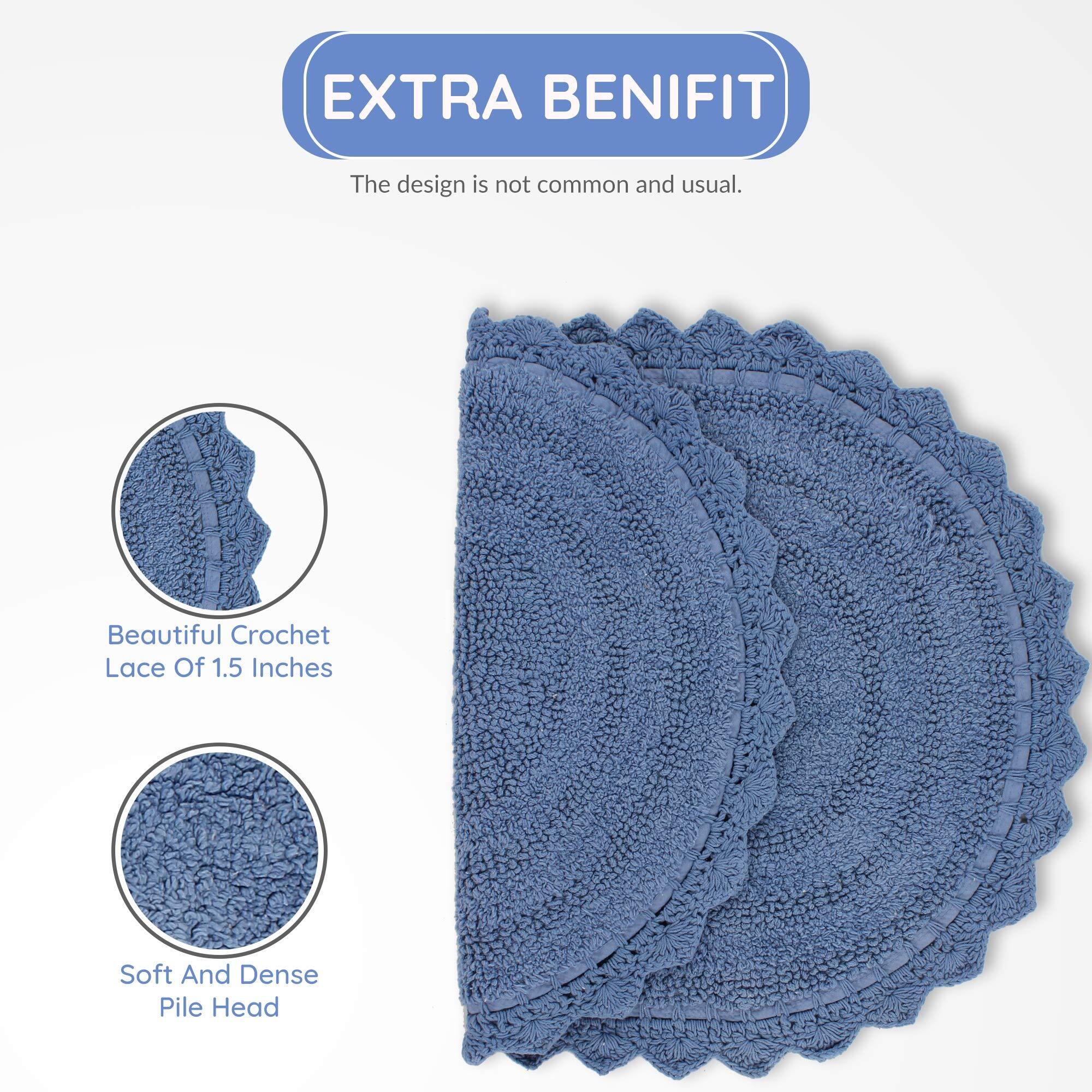 Rajrang Reversible Bath Mat For Bathroom With Crochet Cotton Absorbent Soft Bath Rug Parisian Blue Oval 24X17 Inches