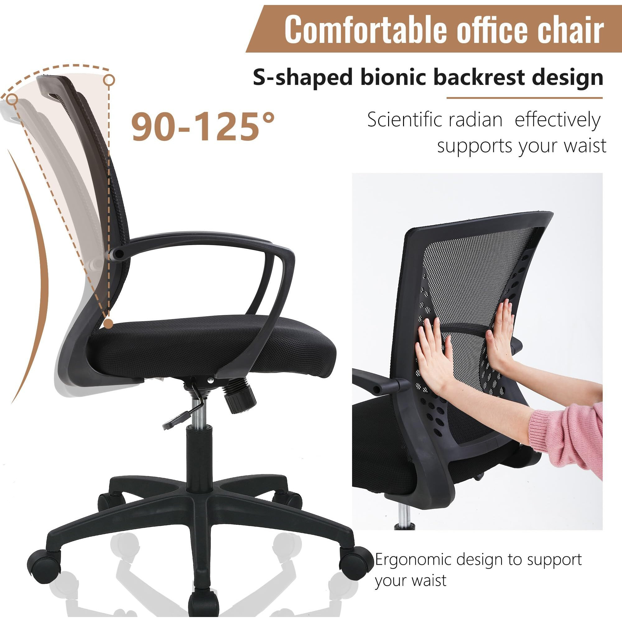 Home Office Chair Mid Back Pc Swivel Lumbar Support Adjustable Desk Task Computer Ergonomic Comfortable Mesh Chair With Armrest (Black)