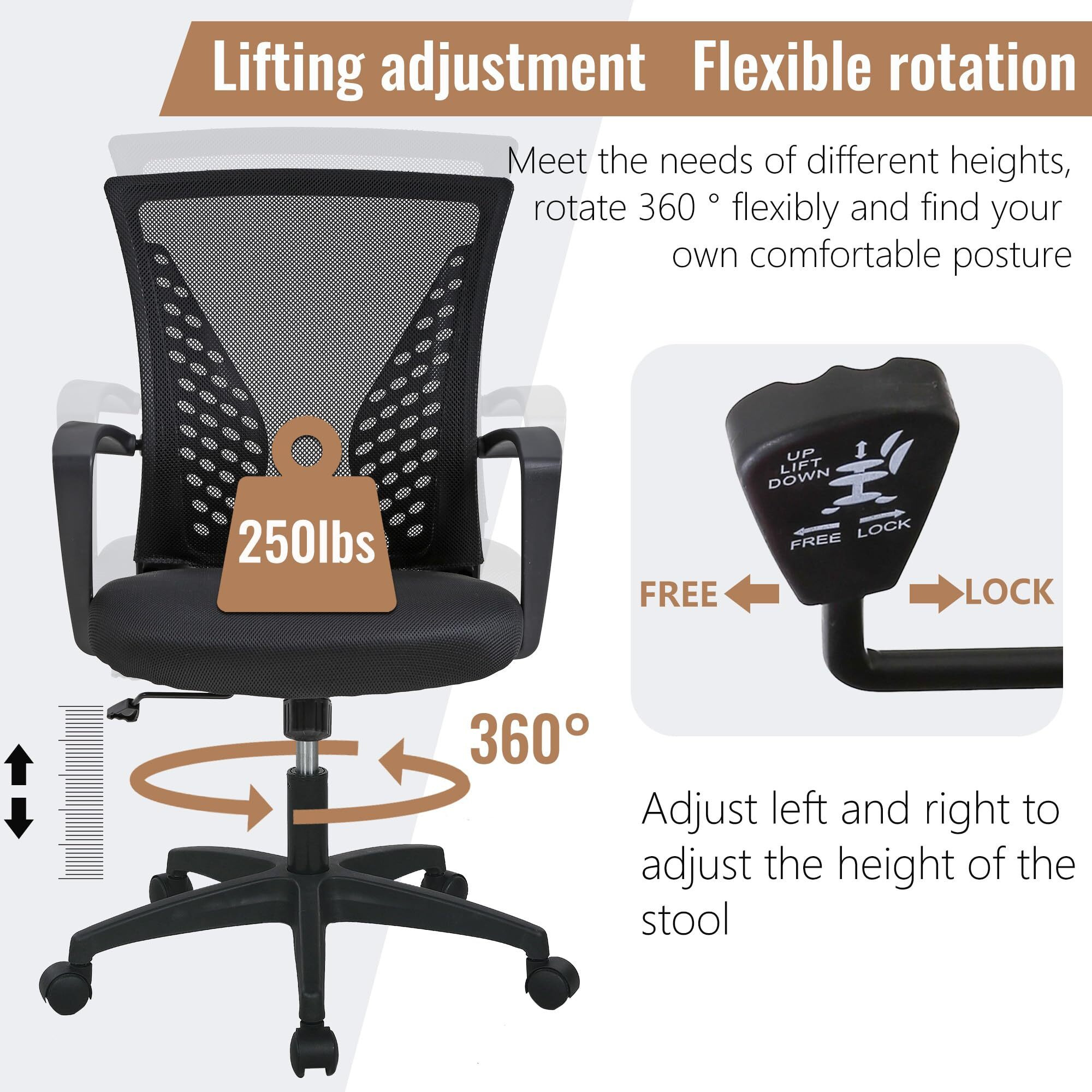 Home Office Chair Mid Back Pc Swivel Lumbar Support Adjustable Desk Task Computer Ergonomic Comfortable Mesh Chair With Armrest (Black)
