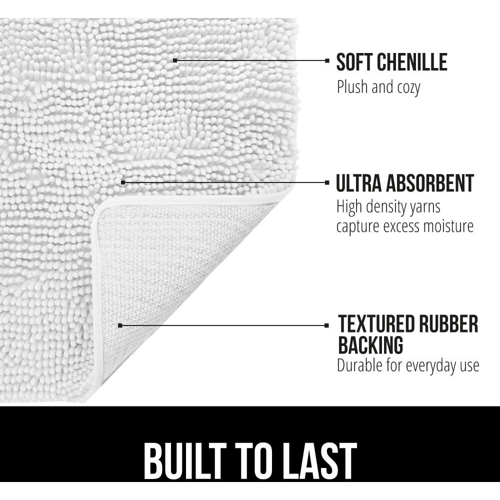 Gorilla Grip Bath Rug Mat 60X24, Thick Soft Absorbent Chenille, Rubber Backing Quick Dry Microfiber Mats, Machine Washable Rugs For Shower Floor, Bathroom Runner Bathmat Accessories Decor, White