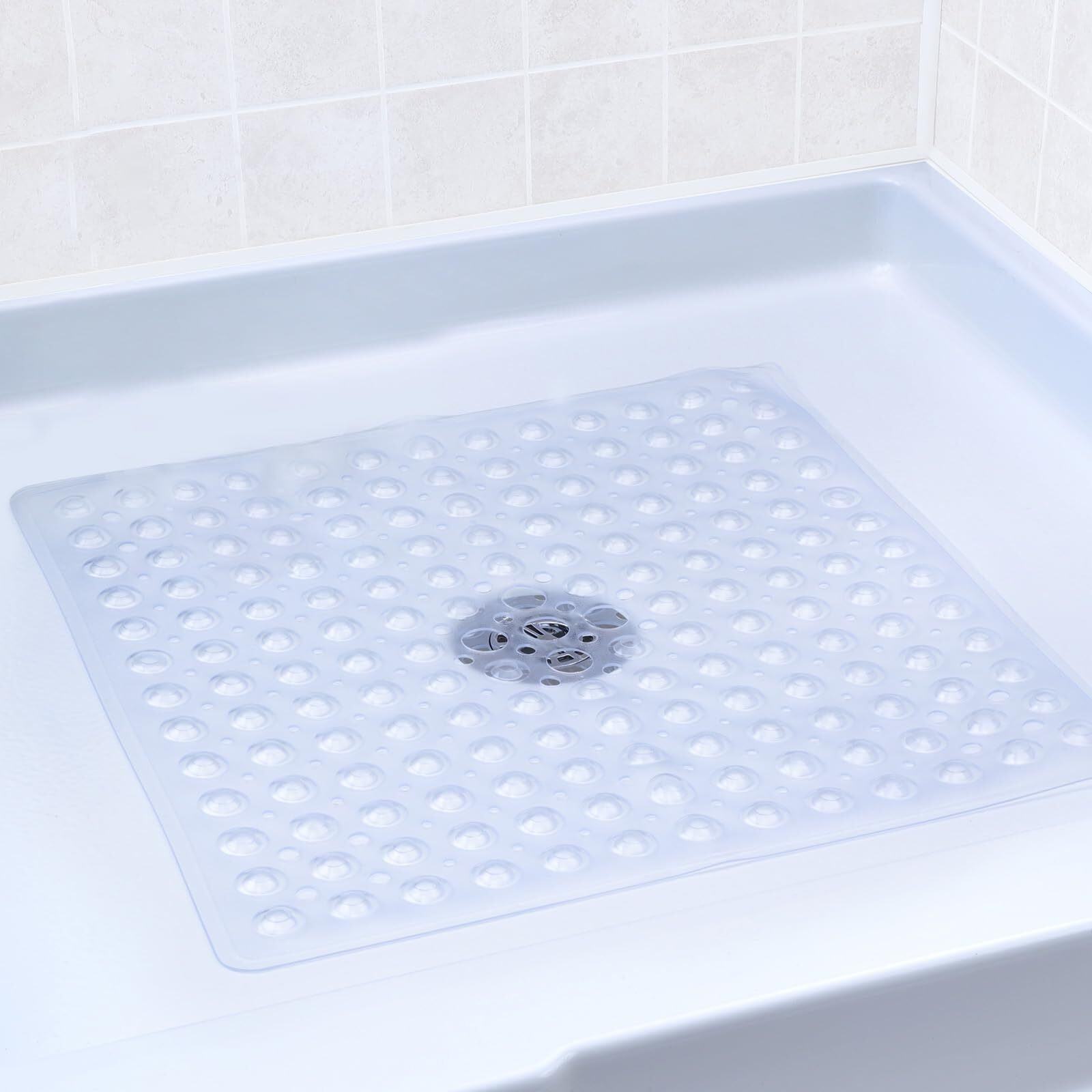 Slipx Solutions Essential Square Shower Mat, 21"&quotX21"", Grippy Textured Surface, 25% Stronger Suction Cups, Non-Slip Shower Floor Mat For Bathers Of All Ages, Fits Standard Shower Stalls & Tubs, Clear