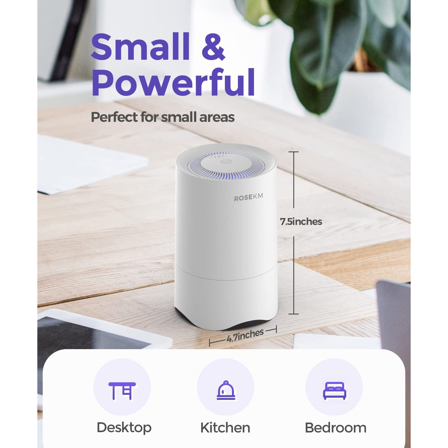 Rosekm Small Air Purifier For Home Bedroom, Personal Desk Mini Air Purifier, Room Hepa Air Purifier Fresheners Cleaner For Dorm, Pets, Smoke, Desktop, Office (White)